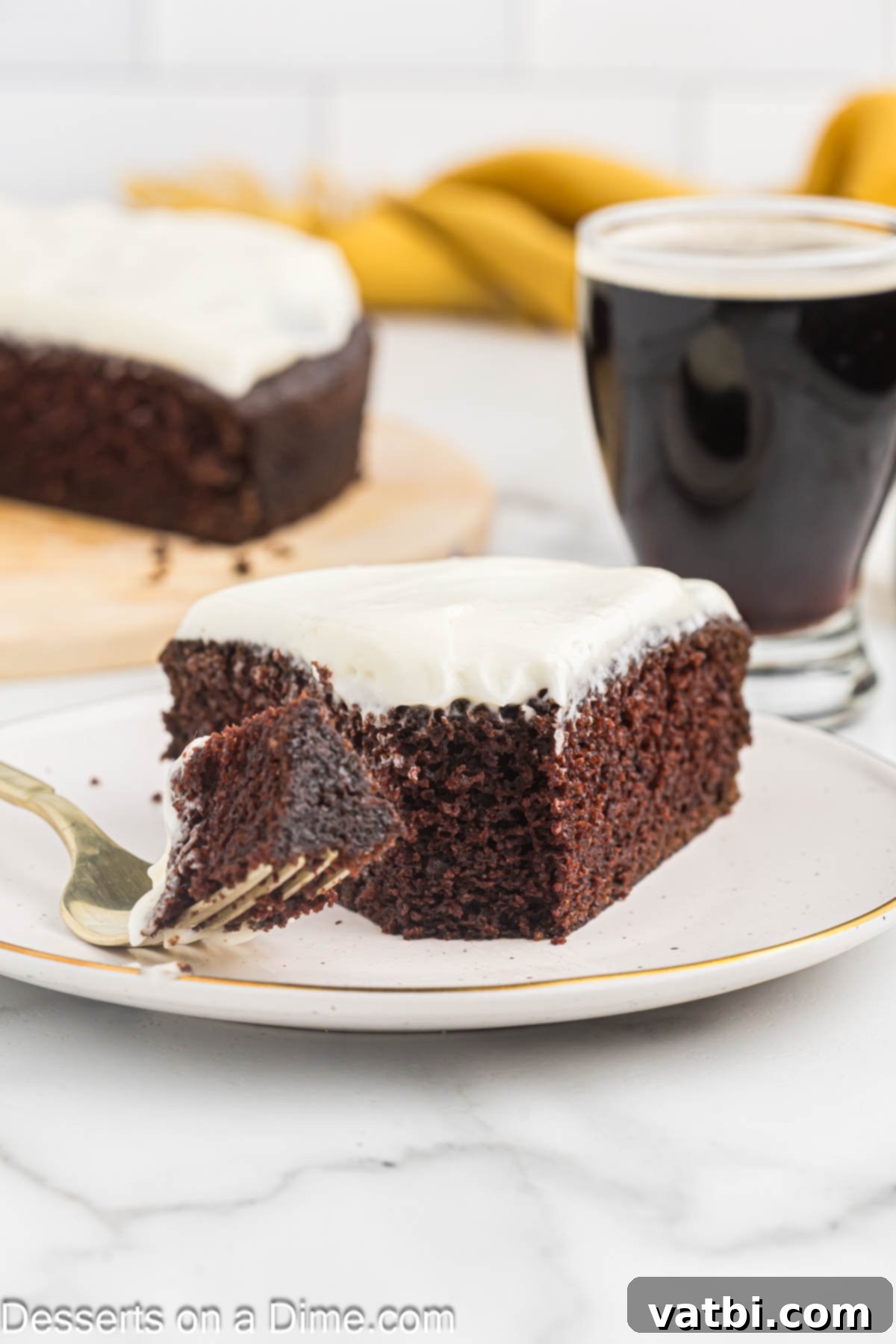 Guinness Cake sliced on a plate. 