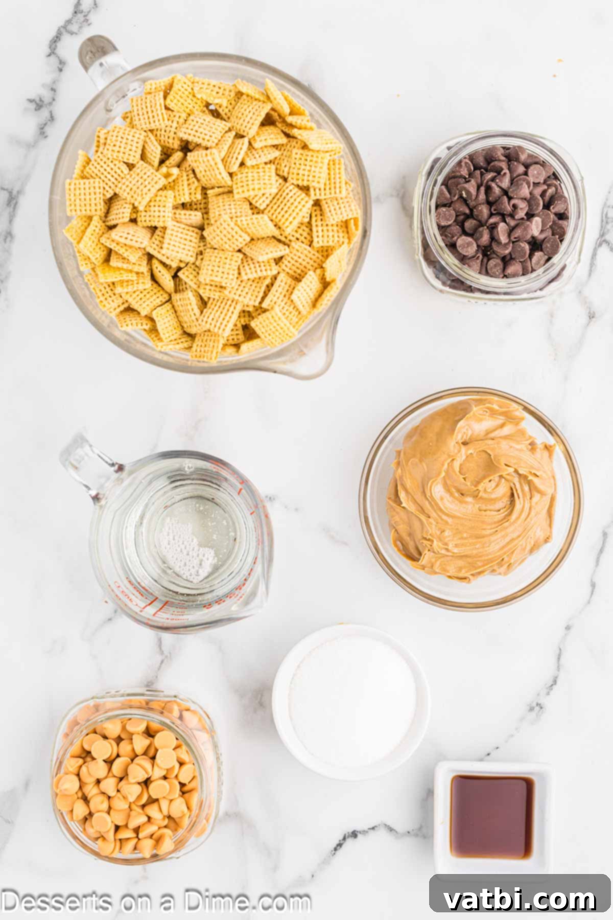 Ingredients for Scotcheroos - chex cereal, peanut butter, corn syrup, semi sweet chocolate chips, butterscotch chips, vanilla. 