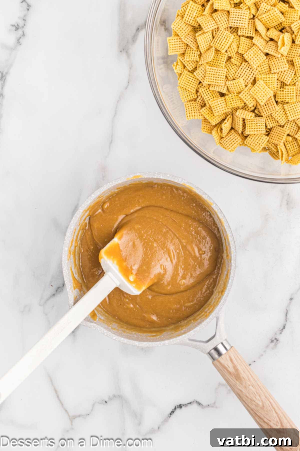 Saucepan of melted peanut butter and sugar. 