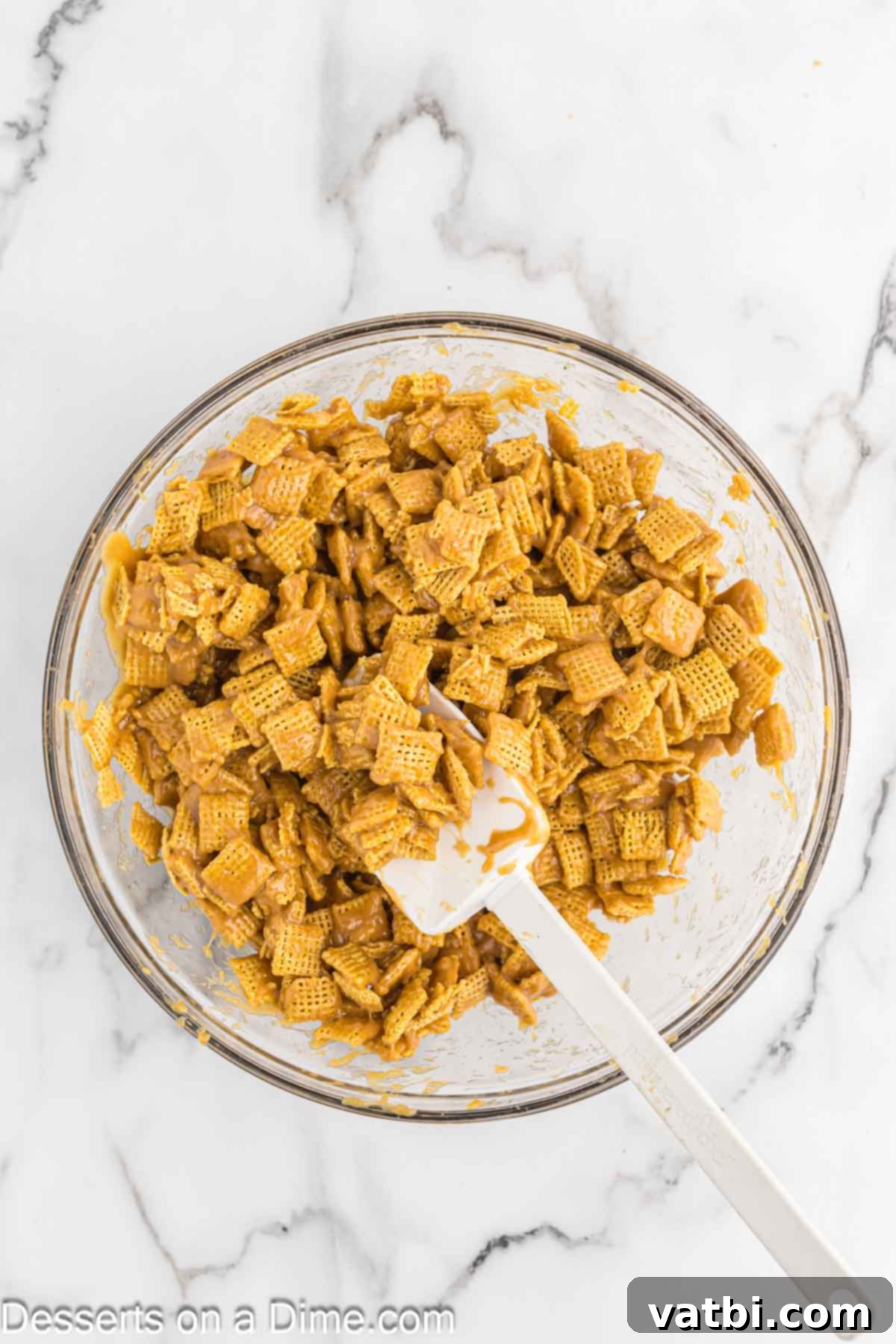 Mixture poured over cereal in bowl. 