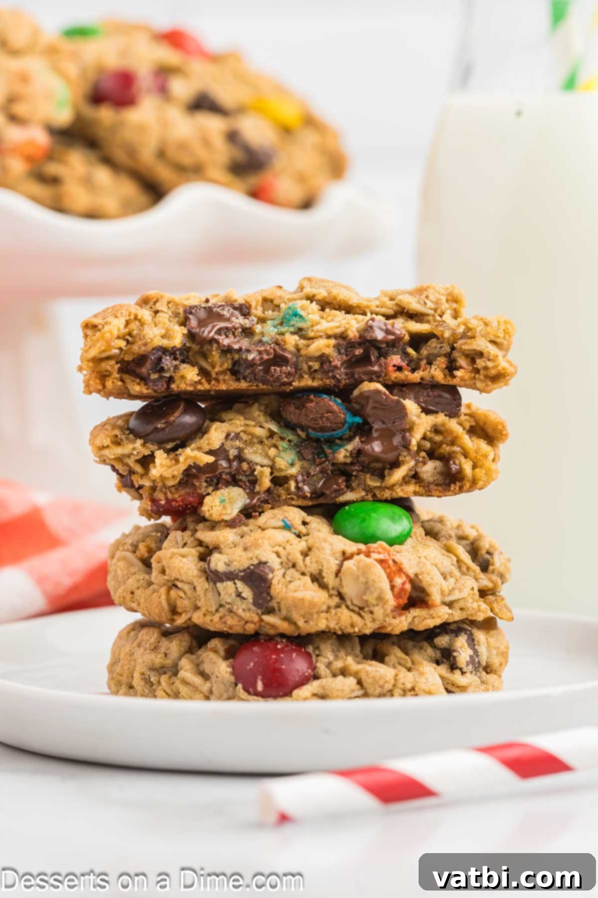Ultimate Gluten-Free Monster Cookies 2 Stacked Gluten-Free Monster Cookies on a plate, showcasing their chunky, colorful appearance with chocolate and M&M's.