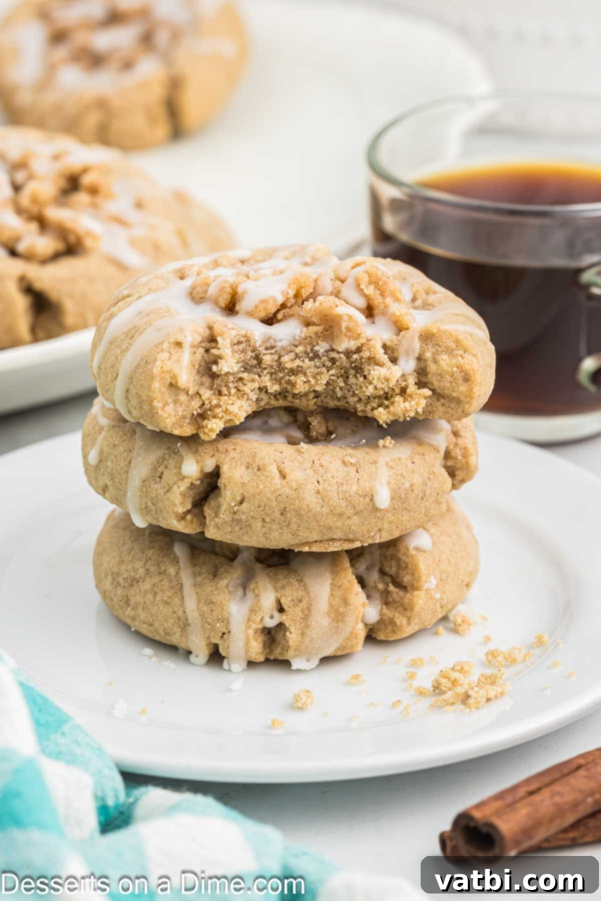 Cinnamon Streusel Cookies 2 Coffee Cake Cookies stacked together on a plate.