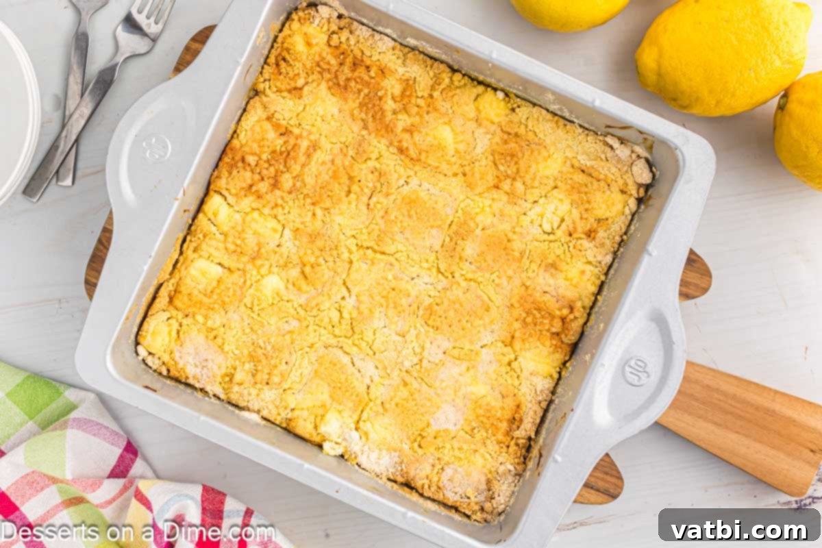 Effortless Lemon Bake 2 A golden-brown lemon dump cake in a white baking dish, garnished with fresh lemon slices, ready to be served.