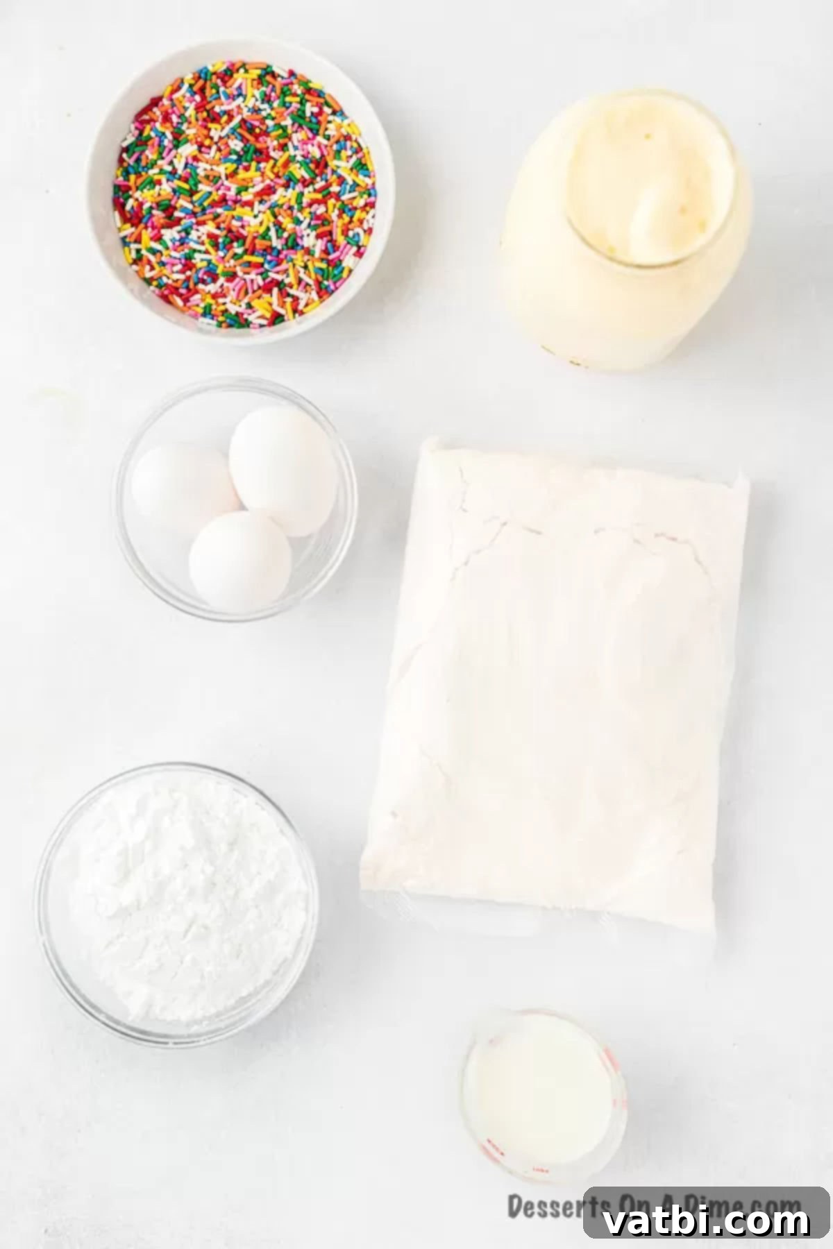 Decadent Melted Ice Cream Cake 3 Ingredients for melted ice cream cake: box cake mix, melted ice cream, eggs, powdered sugar, milk, and sprinkles.