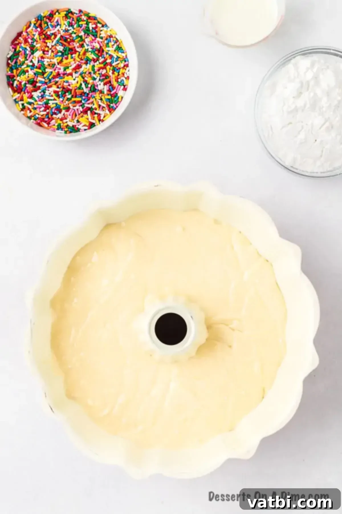 Decadent Melted Ice Cream Cake 5 Cake batter being poured into a greased bundt cake pan.