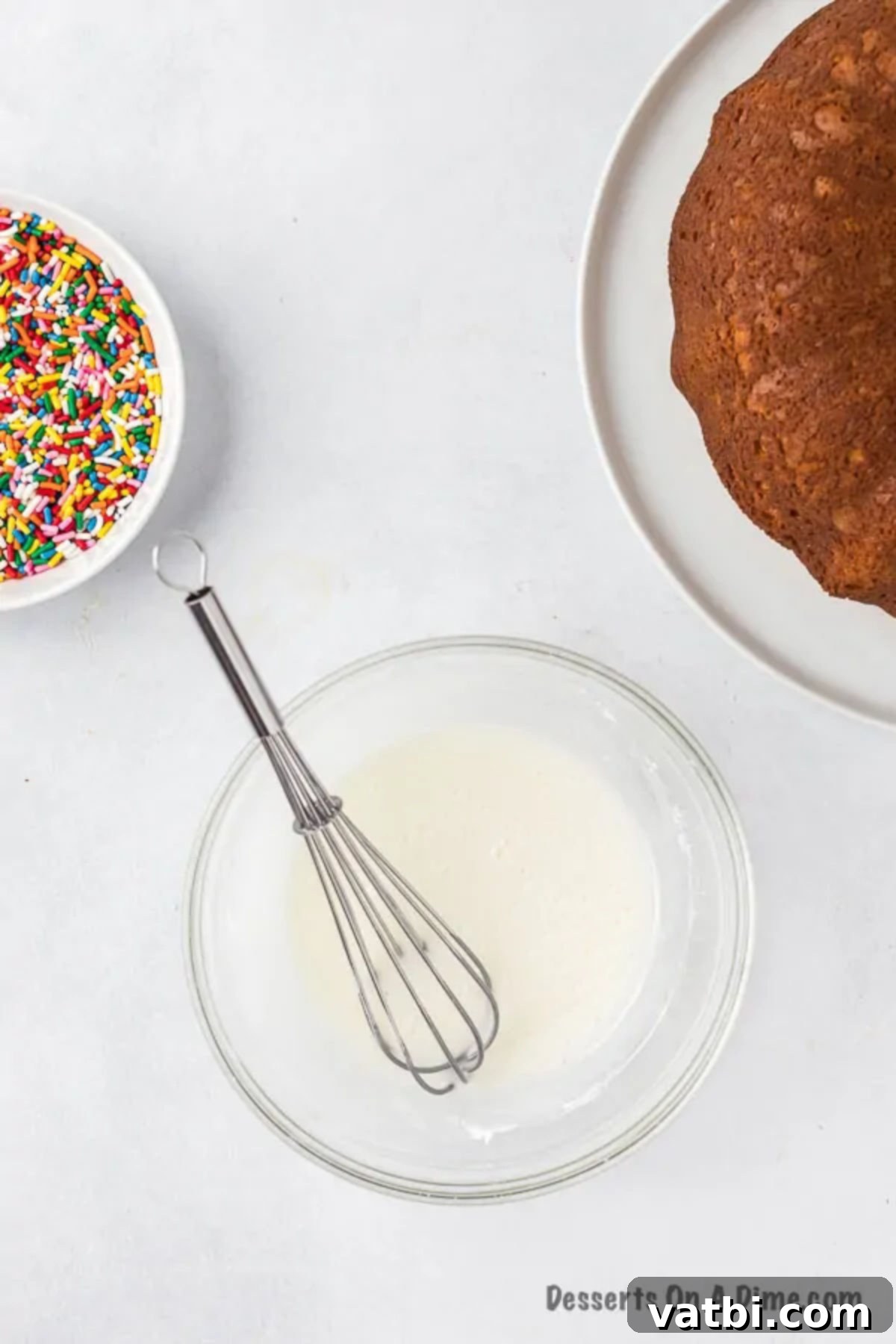 Decadent Melted Ice Cream Cake 7 Bowl with ingredients for glaze: powdered sugar and milk, combined and ready to be mixed.