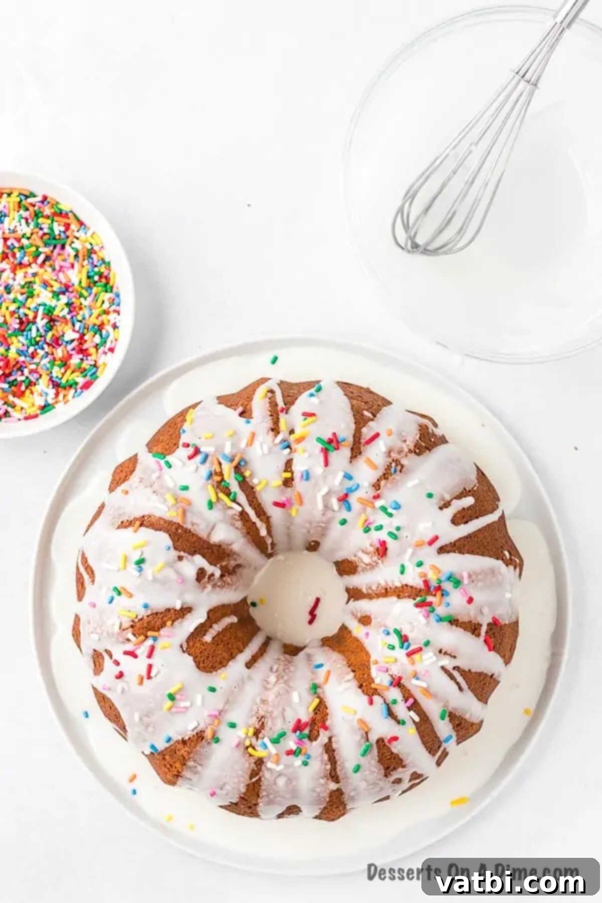 Decadent Melted Ice Cream Cake 8 Glaze being drizzled over a bundt cake, with sprinkles ready for topping.