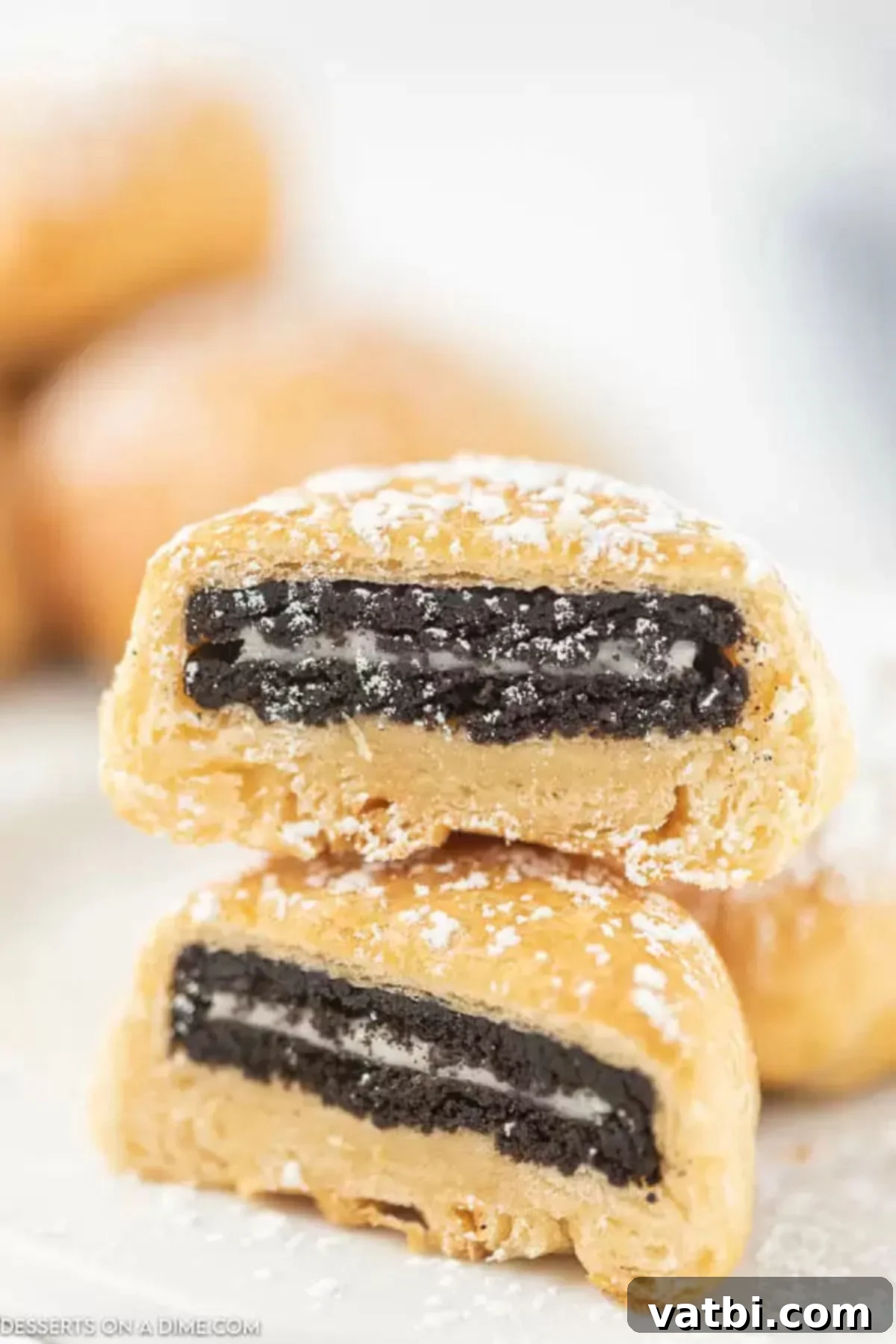 Decadent Air Fryer Oreos 2 A close up of one air fried Oreo cut in half so you can see the Oreo on the inside sitting on a white plate. The 2 pieces are stacked on top of each other with whole air fried Oreos behind them.