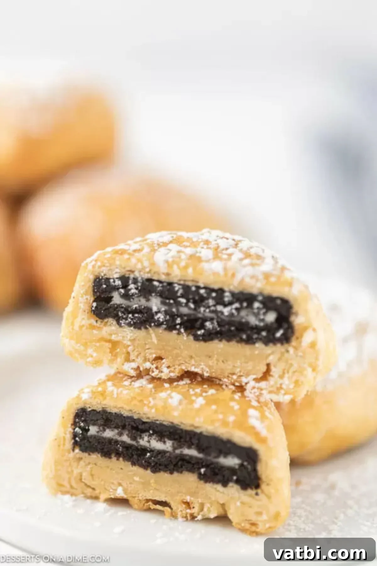 Decadent Air Fryer Oreos 5 Air fryer Oreo cookies topped with powdered sugar.