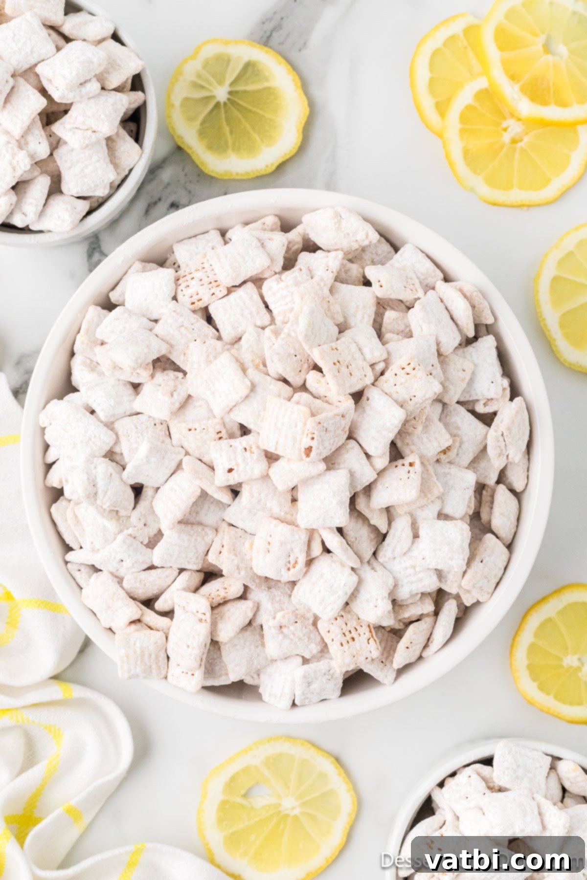 Lemon puppy chow in a bowl. 