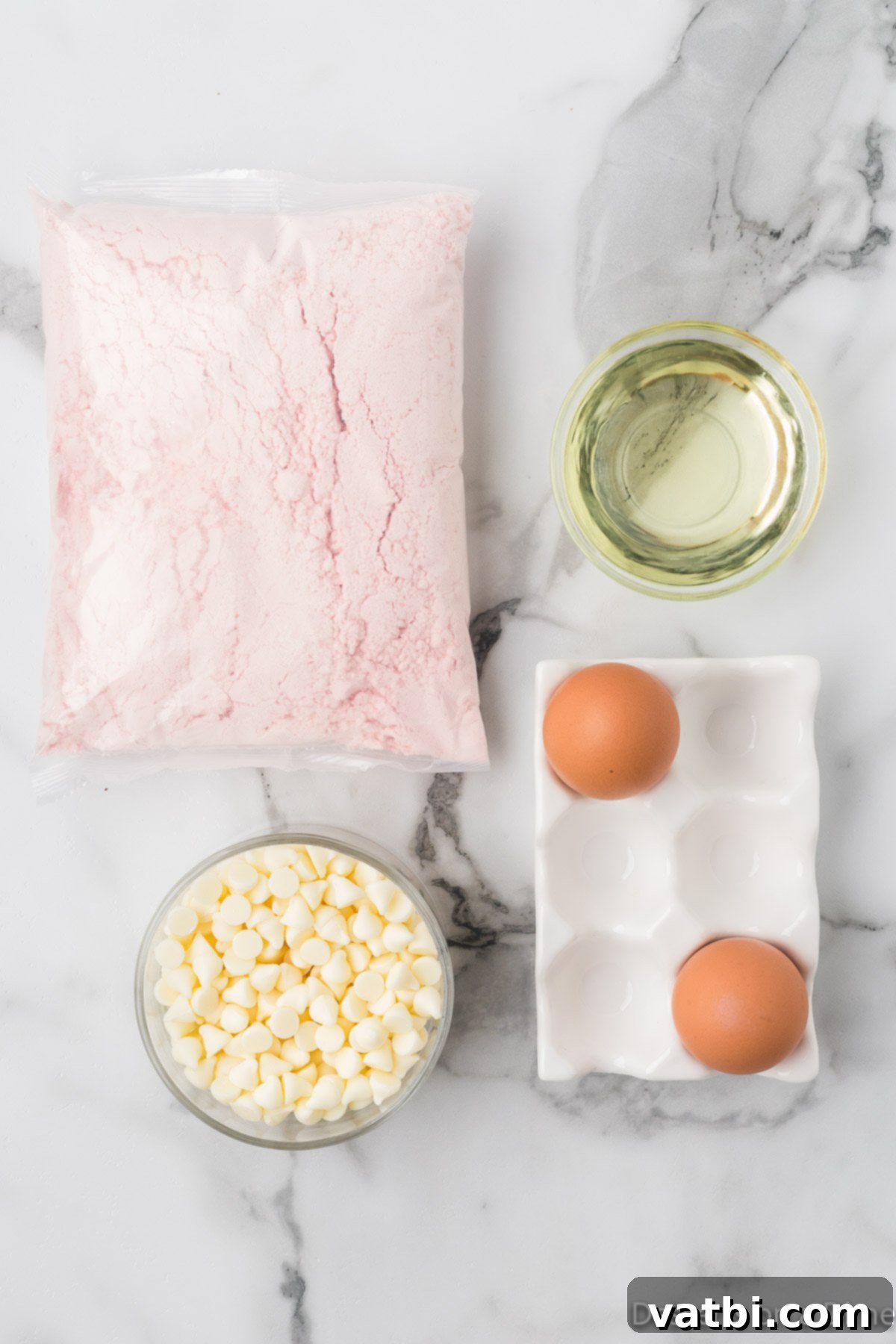 Cake Mix Love Bites 3 Ingredients for recipe - cake mix, eggs, oil, white chocolate chips.