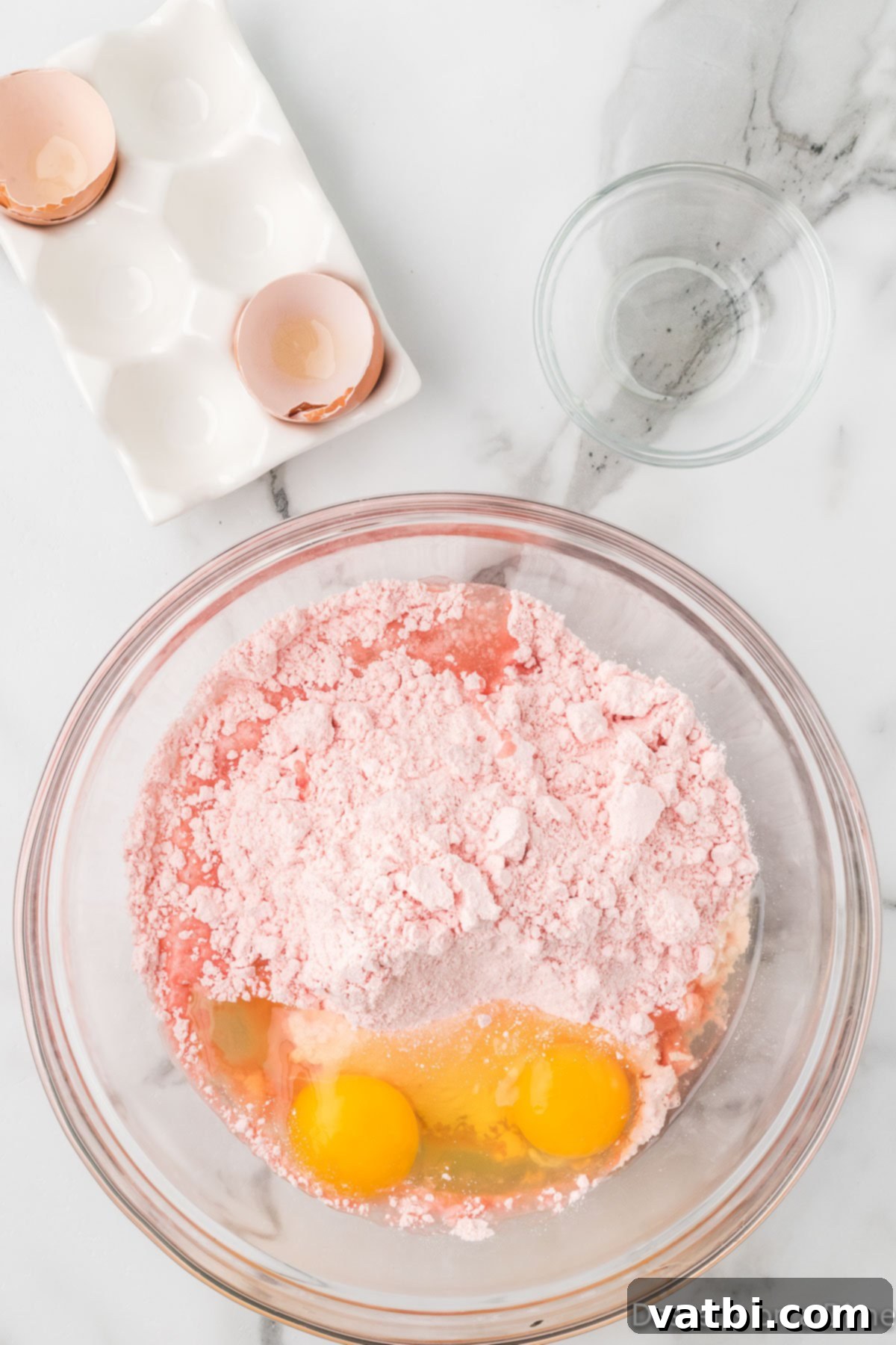 Cake Mix Love Bites 4 Mixing bowl with cake mix, eggs and oil.