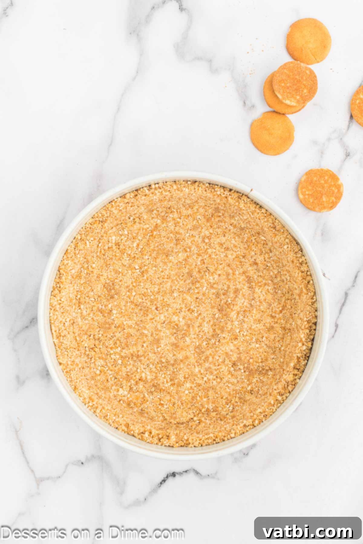 Honey Cinnamon Swirl Cheesecake 4 Crushed Nilla wafers mixed with melted butter and pressed into a springform pan.