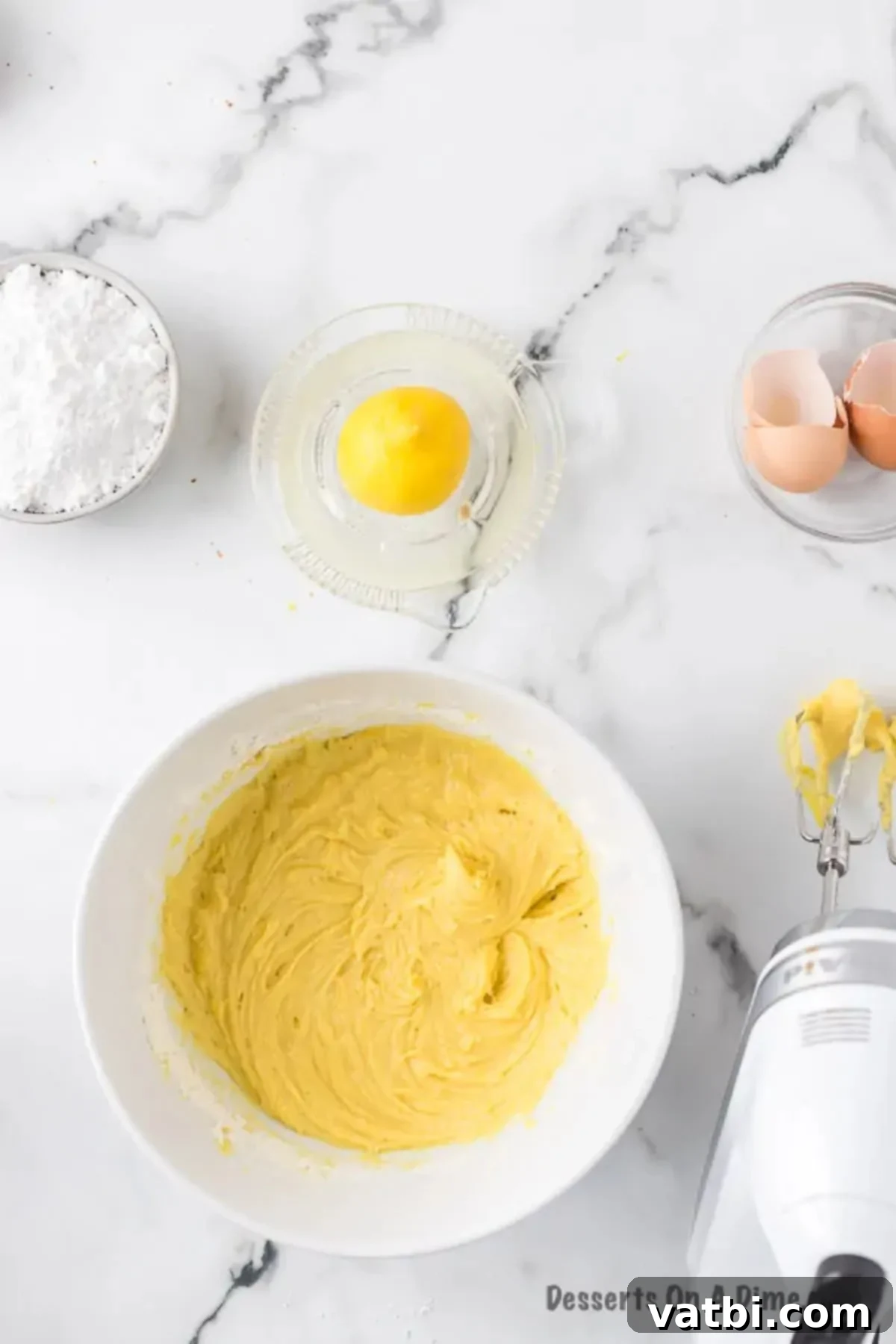 Zesty Lemon Brownie Bliss 7 Flour, baking powder, and salt being stirred into the wet batter by hand.