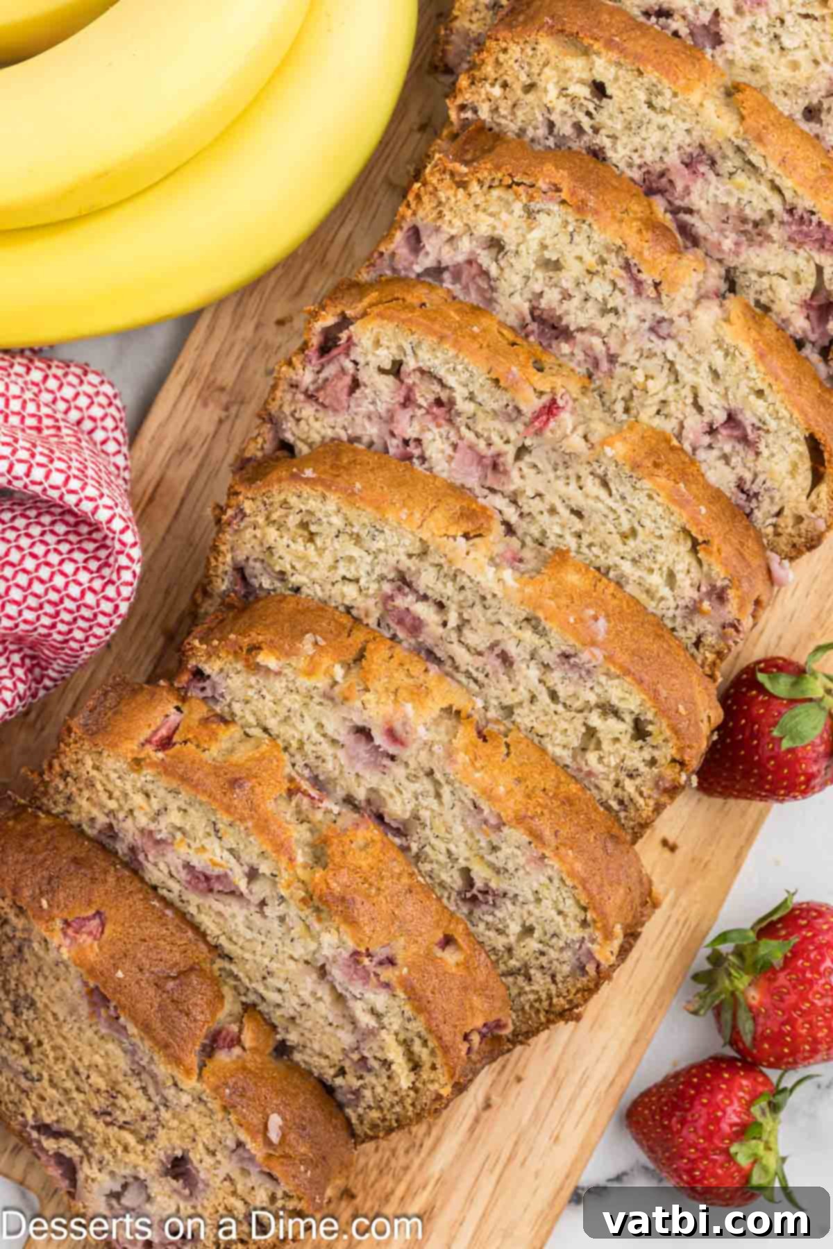 Blushing Berry Banana Bread 9 A slice of Strawberry Banana Bread, perfectly baked and ready to be served, showing its moist interior and fruit.
