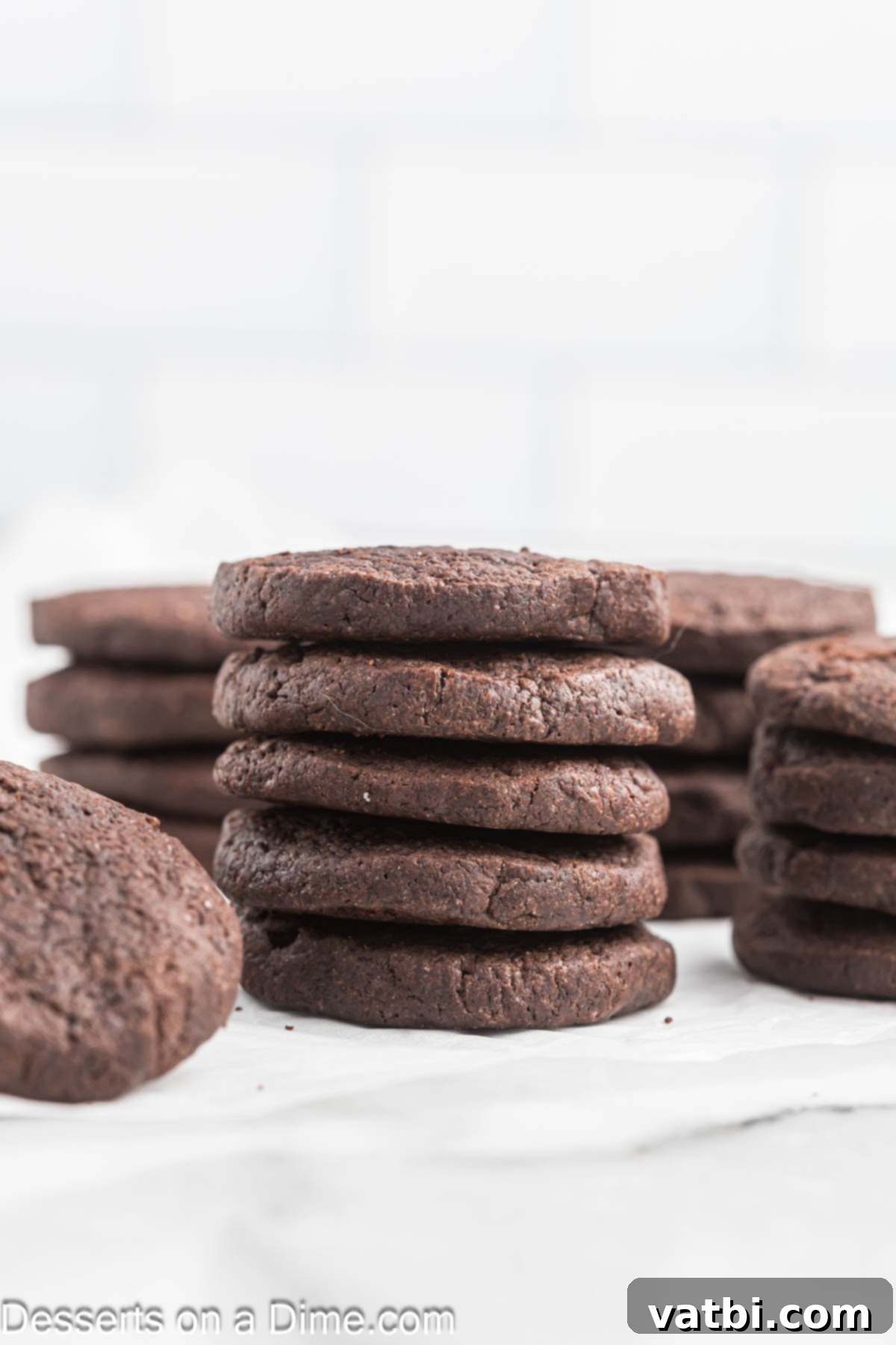 Layered Chocolate Delights 2 Chocolate Wafer Cookies stacked neatly on a plate, showcasing their deep, rich color and crispy texture.