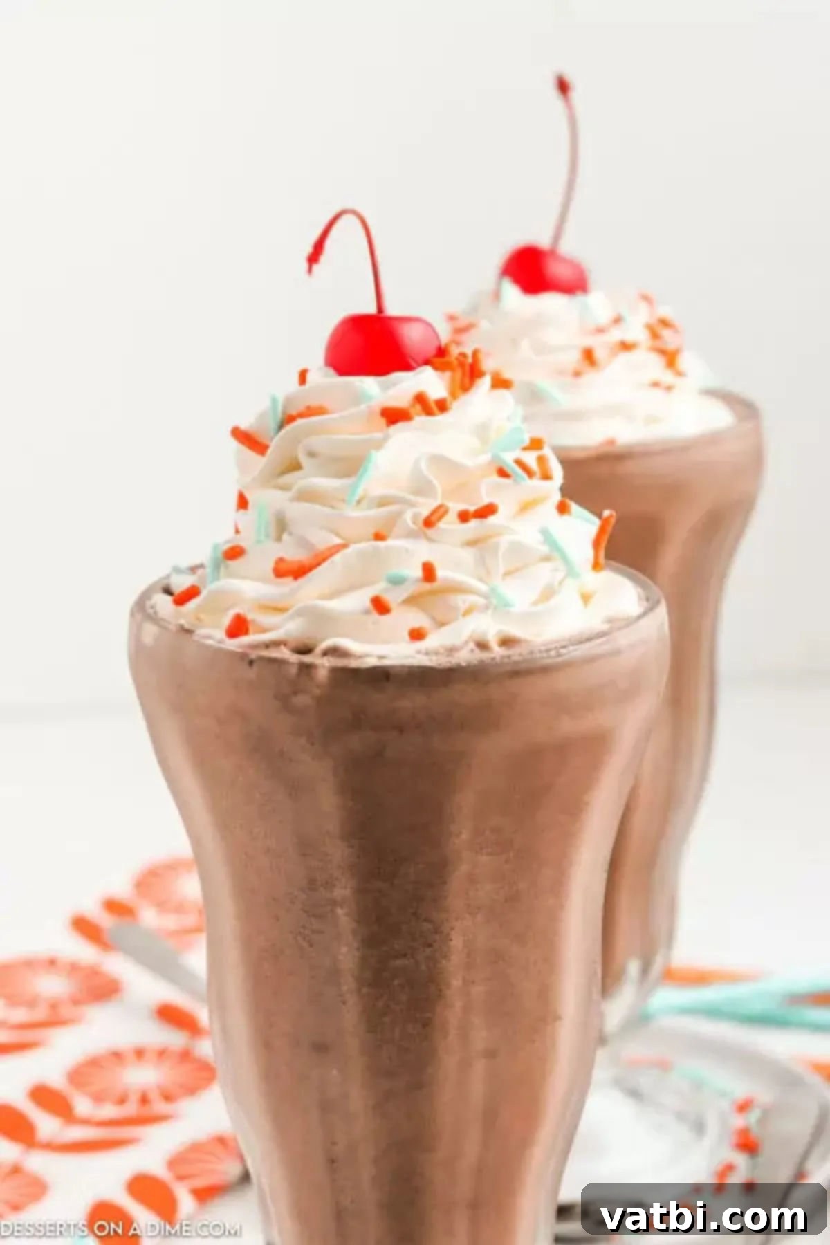 Decadent Chocolate Milkshake 2 Milkshake in a tall glass topped with whipped cream.