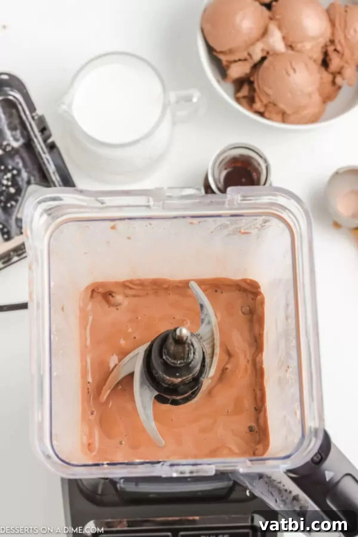 Decadent Chocolate Milkshake 6 Mixture blended together.