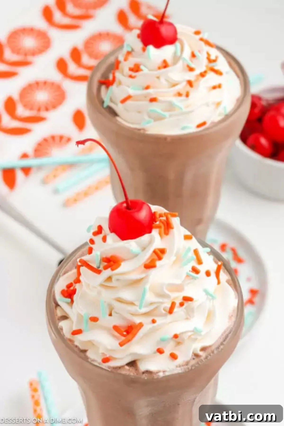 Decadent Chocolate Milkshake 8 Chocolate Milkshake in glasses with cool whip and a cherry.