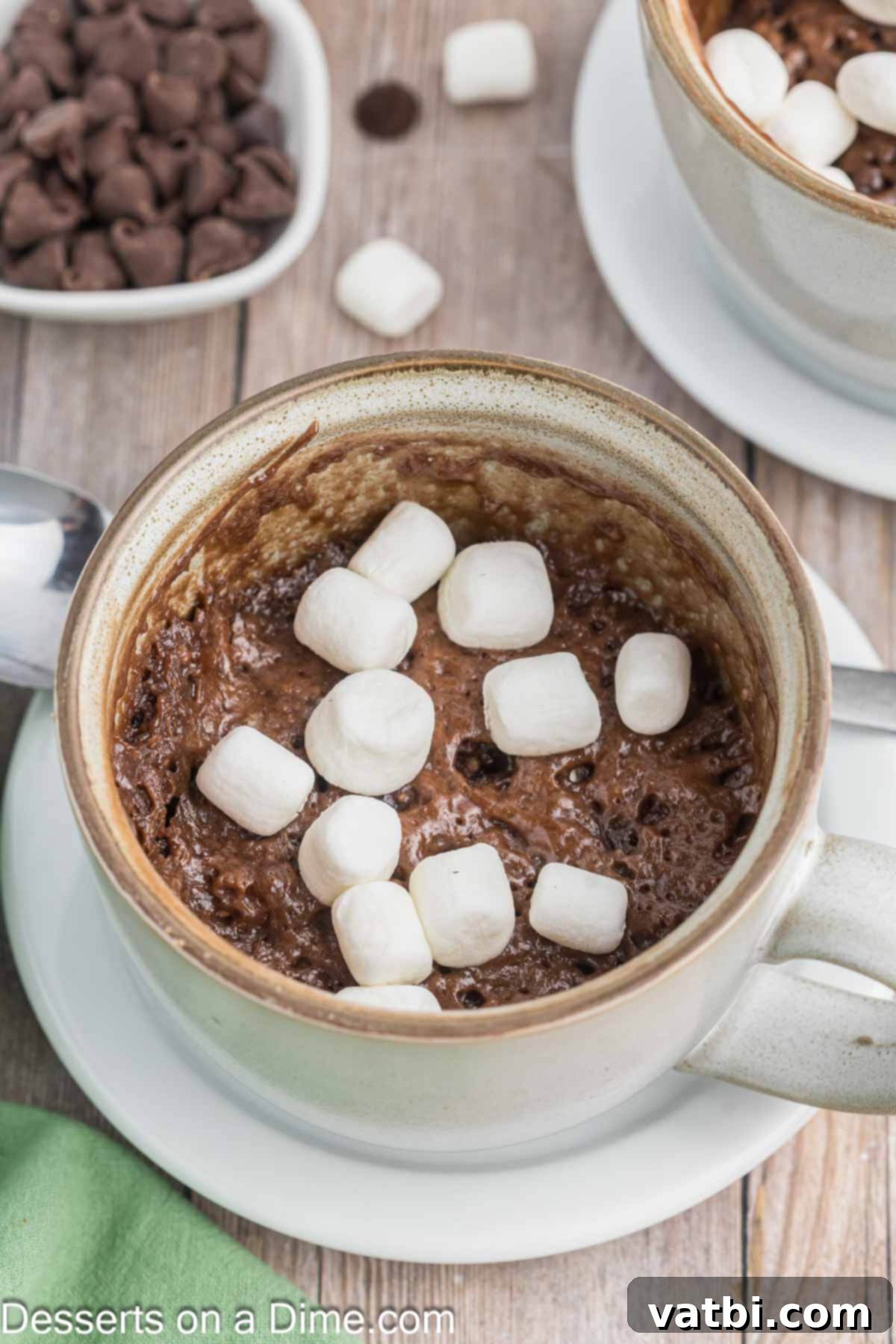 Decadent Hot Chocolate Mug Cake 2 Hot Cocoa Mug Cake topped with marshmallows, ready to enjoy.