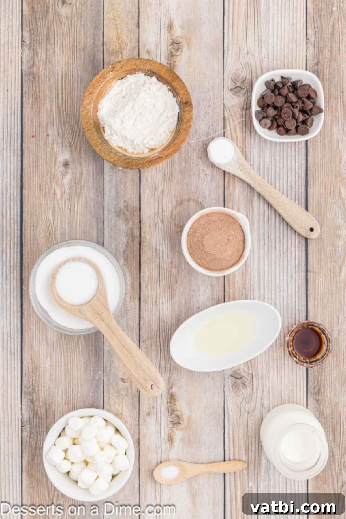 Decadent Hot Chocolate Mug Cake 3 Ingredients for Hot Chocolate Mug Cake - flour, hot cocoa mix, salt, milk, chocolate chips, mini marshmallows.