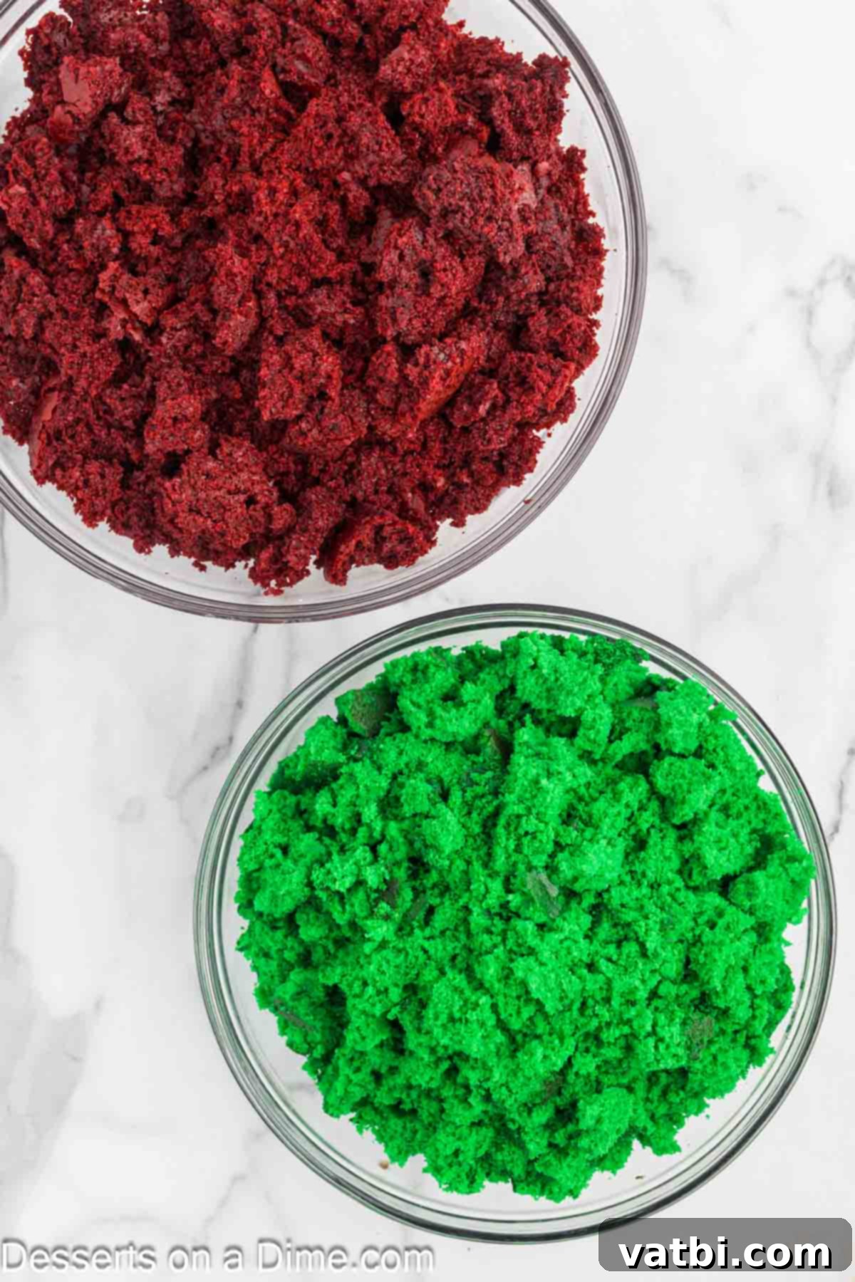 Festive Trifle Delight 5 Cake crumbs in separate bowls for red and green cake.