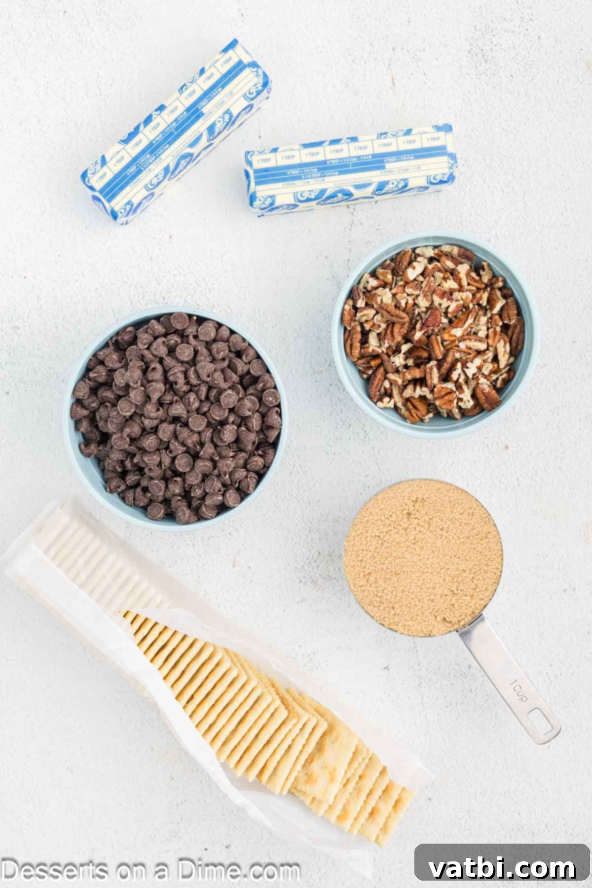 Ingredients for Saltine Toffee - saltine crackers, butter, brown sugar, chocolate chips, pecans laid out.