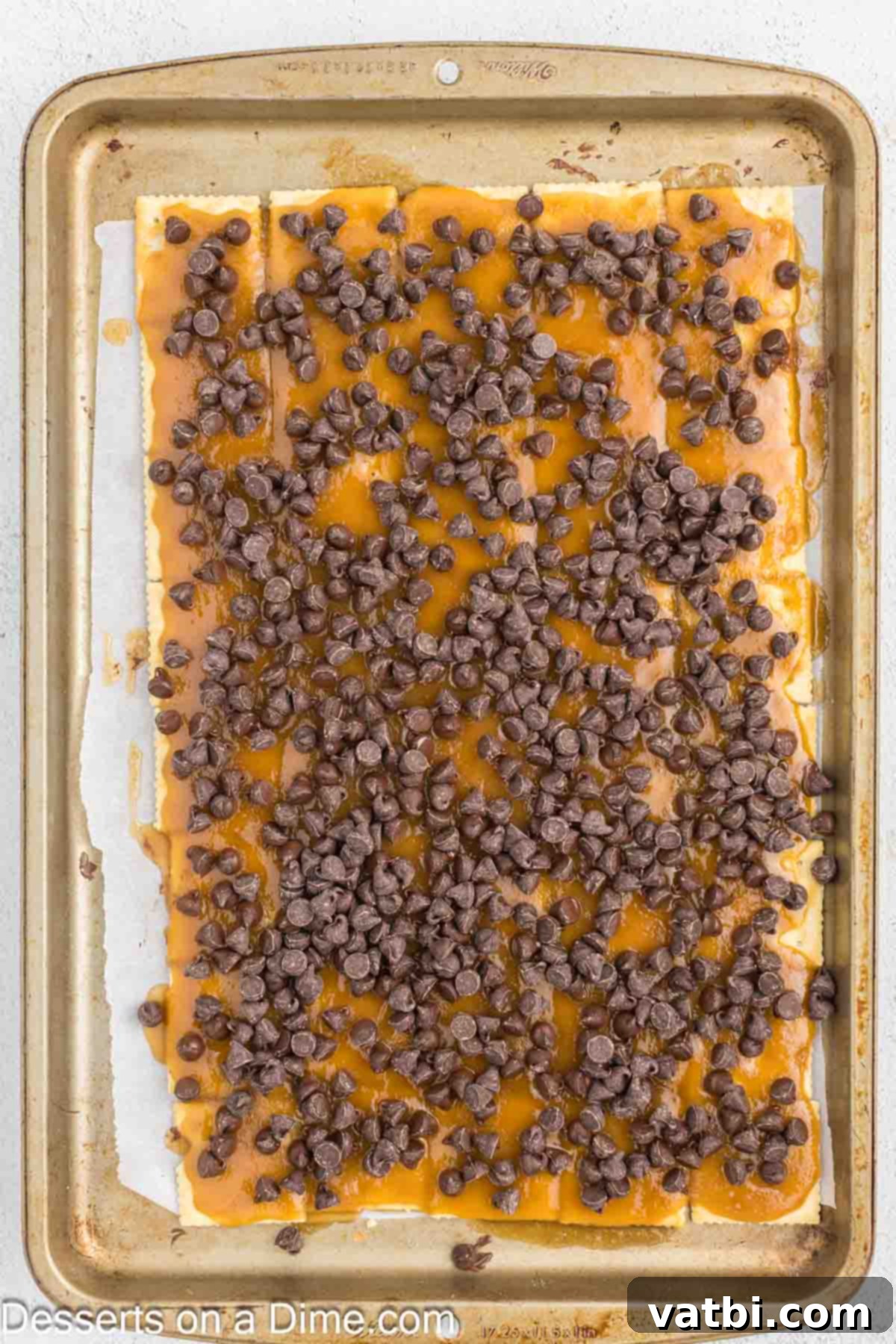 Chocolate Chips sprinkled over the hot toffee layer.