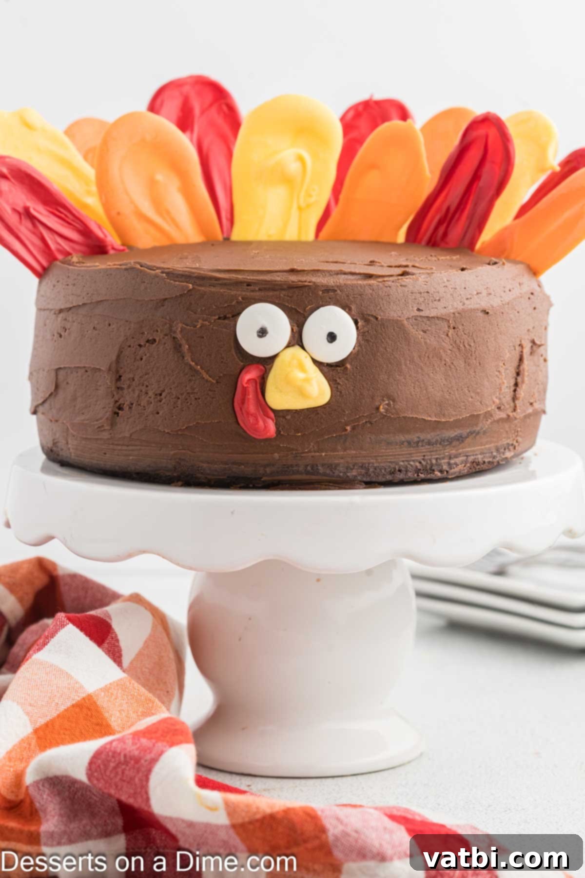 An adorable Turkey Cake proudly displayed on a white pedestal, perfect for Thanksgiving celebrations.