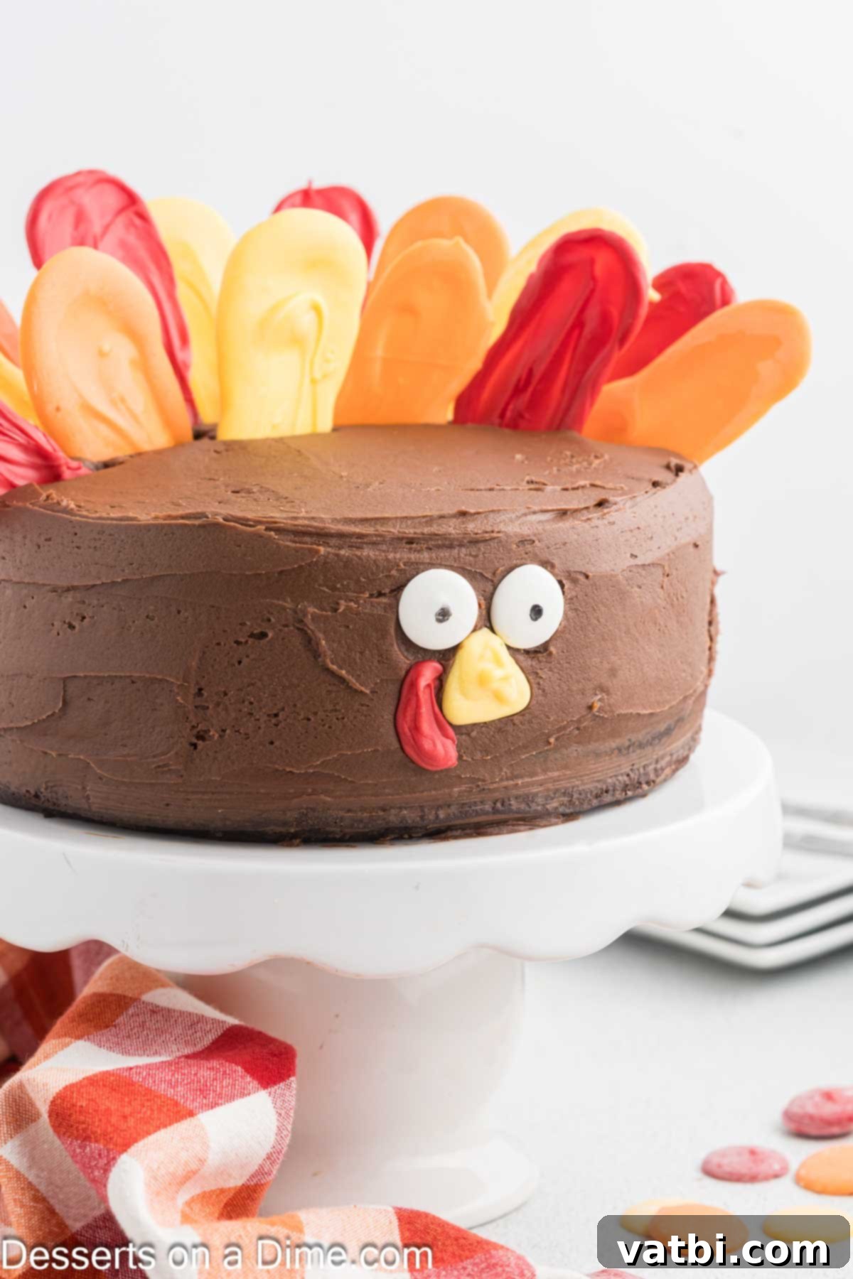 The charming Turkey Cake, fully decorated and ready to be served as a delightful Thanksgiving dessert.
