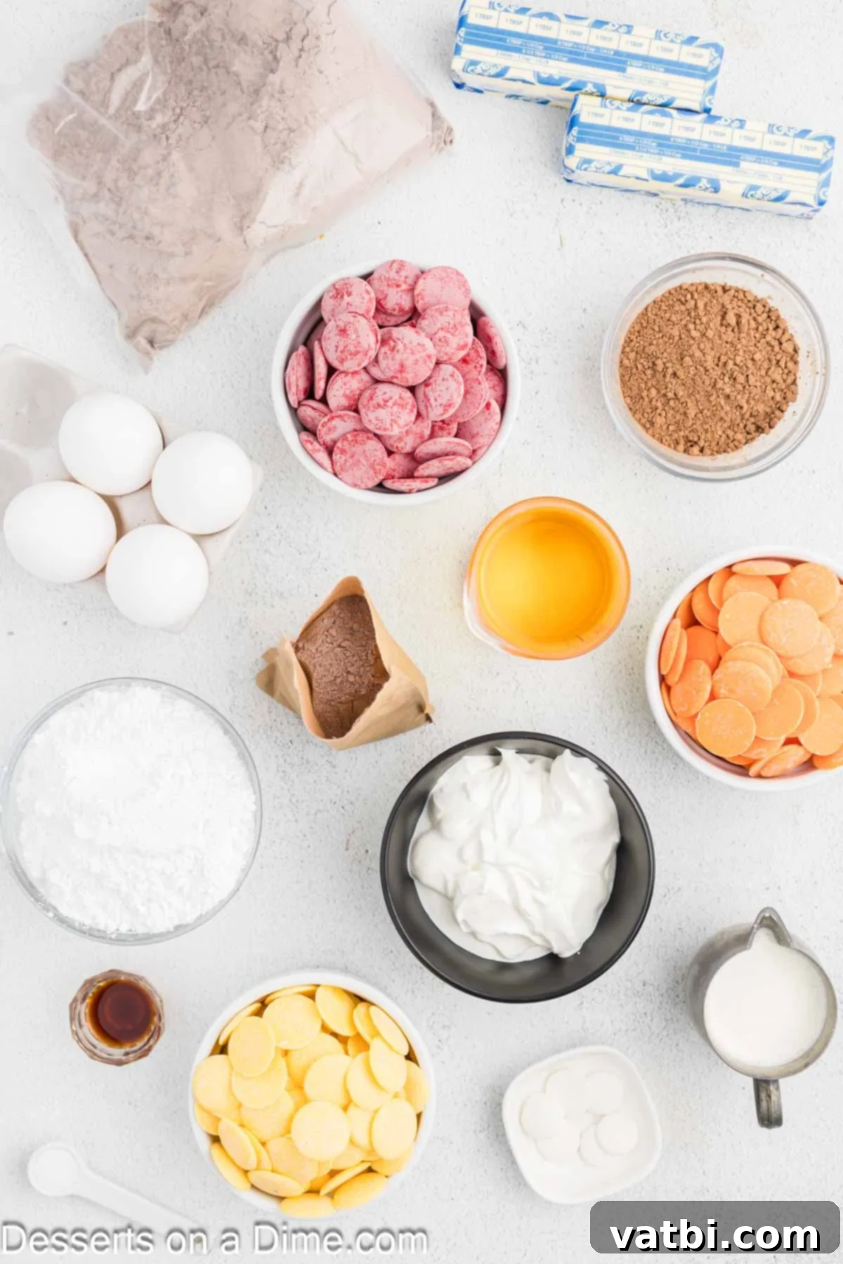 A flat lay of all ingredients for the Turkey Cake, including a dark chocolate cake mix, instant chocolate pudding mix, eggs, sour cream, butter, powdered sugar, cocoa powder, heavy cream, salt, colorful candy disks, and an edible marker.