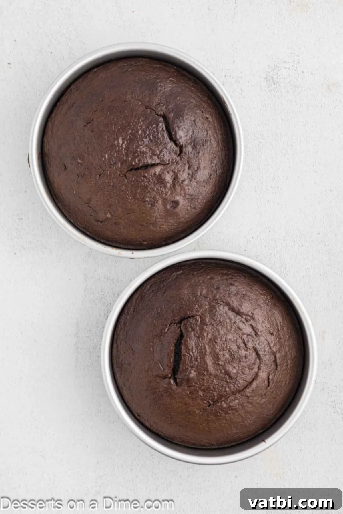 Baked chocolate cakes cooling in their pans on a wire rack.