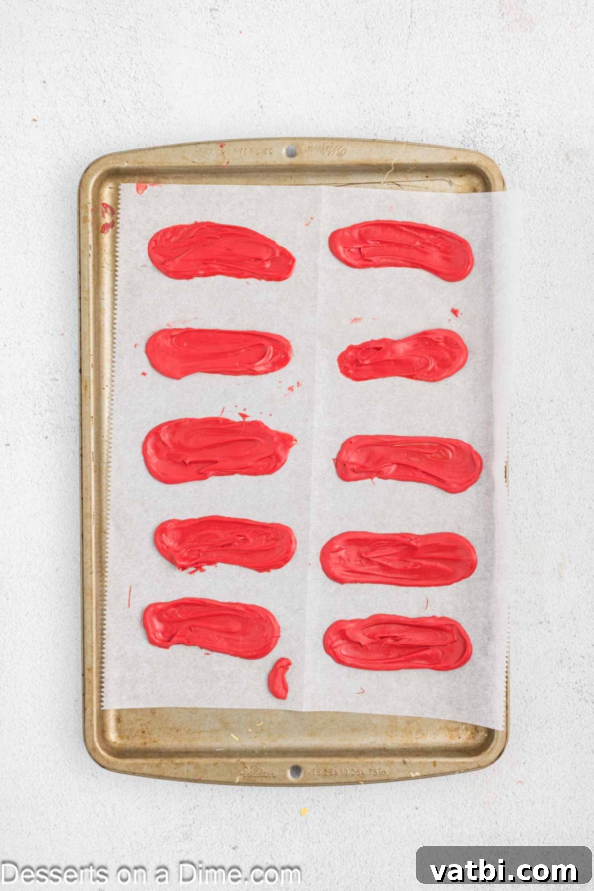 Candy feathers, a yellow beak, and a red wattle drying on a parchment-lined baking sheet.