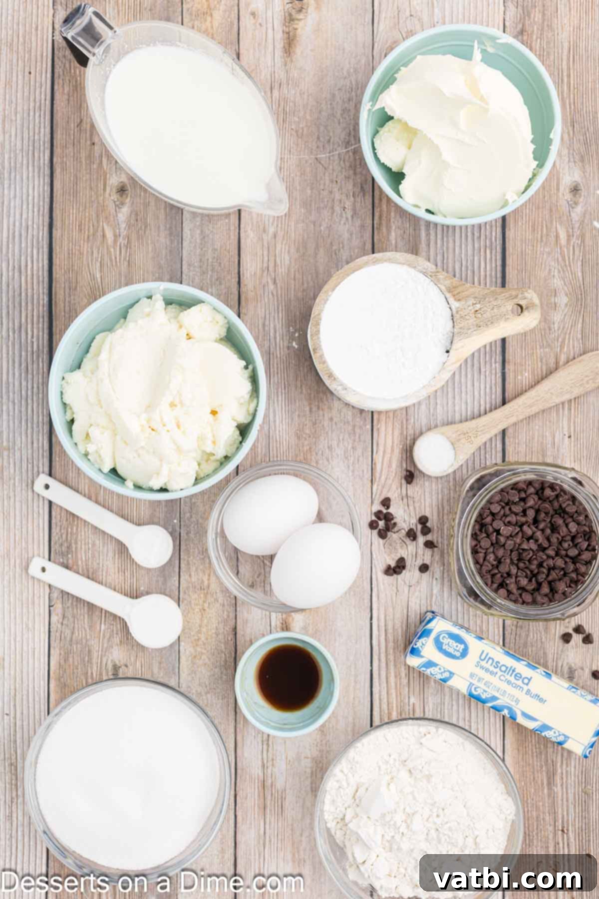 Italian Ricotta Dream Cake 3 Ingredients for Homemade Cannoli Cake, including flour, baking soda, butter, eggs, vanilla, buttermilk, ricotta cheese, mascarpone cheese, and mini chocolate chips, laid out on a kitchen counter.