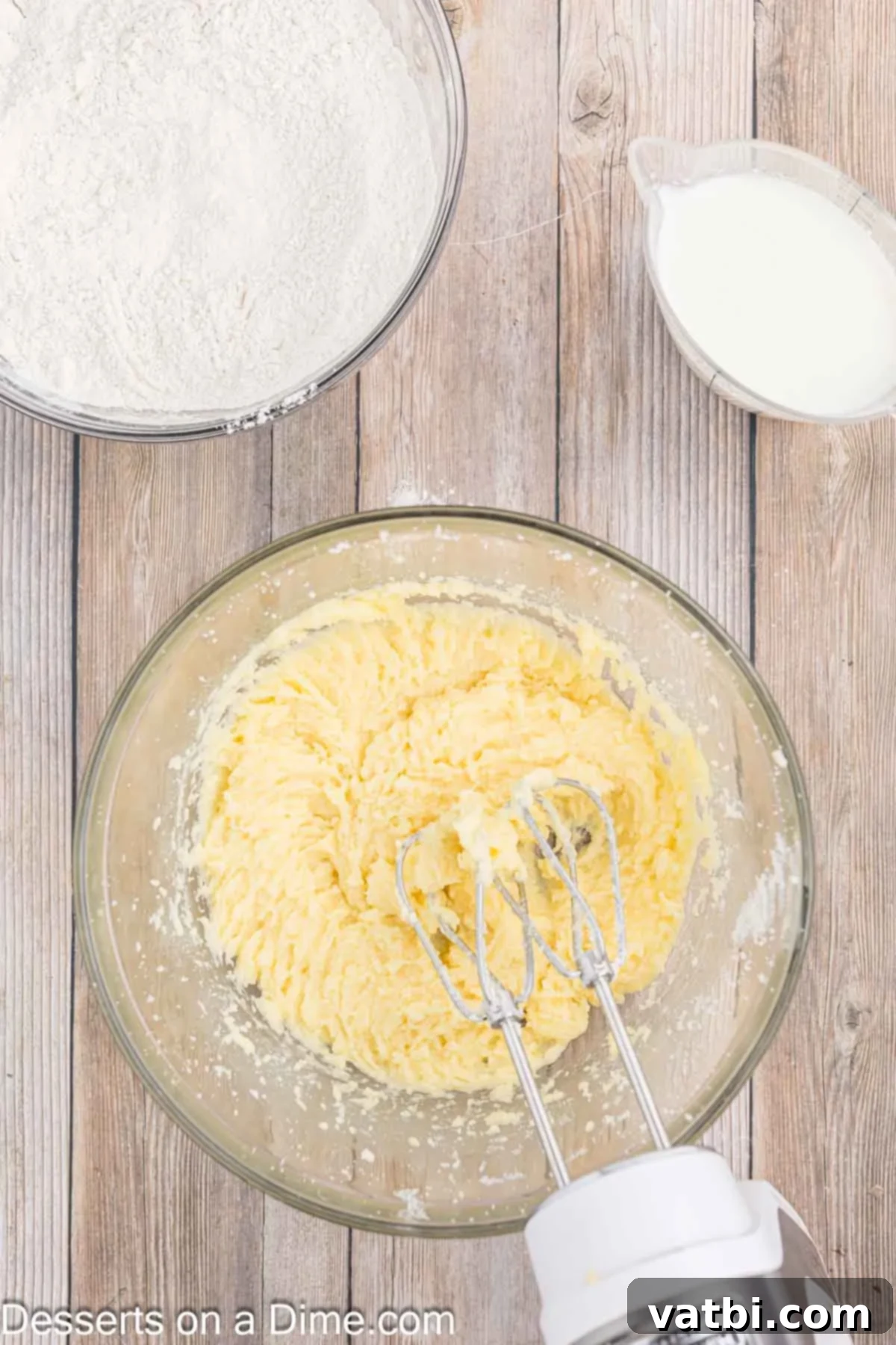 Italian Ricotta Dream Cake 5 Room temperature eggs being added to the creamed butter and sugar mixture, ready for mixing.