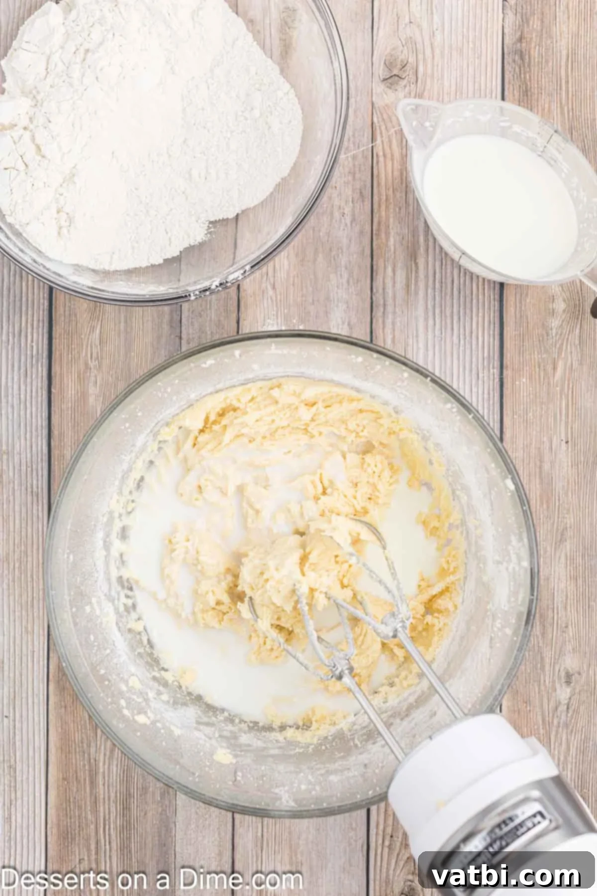 Italian Ricotta Dream Cake 6 Gradually adding flour to the butter mixture, ensuring it's well combined for the cake batter.