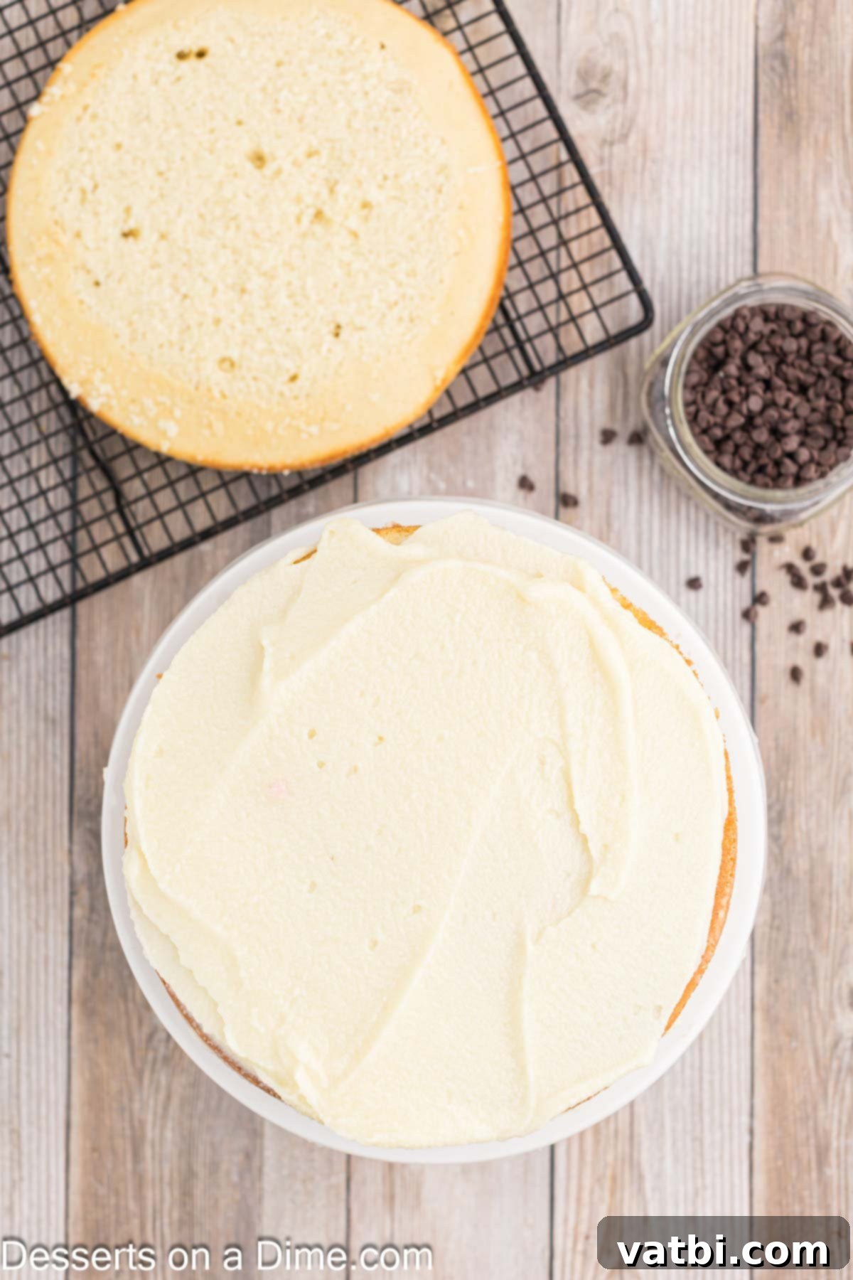 Italian Ricotta Dream Cake 8 The first layer of the cooled cake, leveled and topped with a generous spread of creamy cannoli frosting.