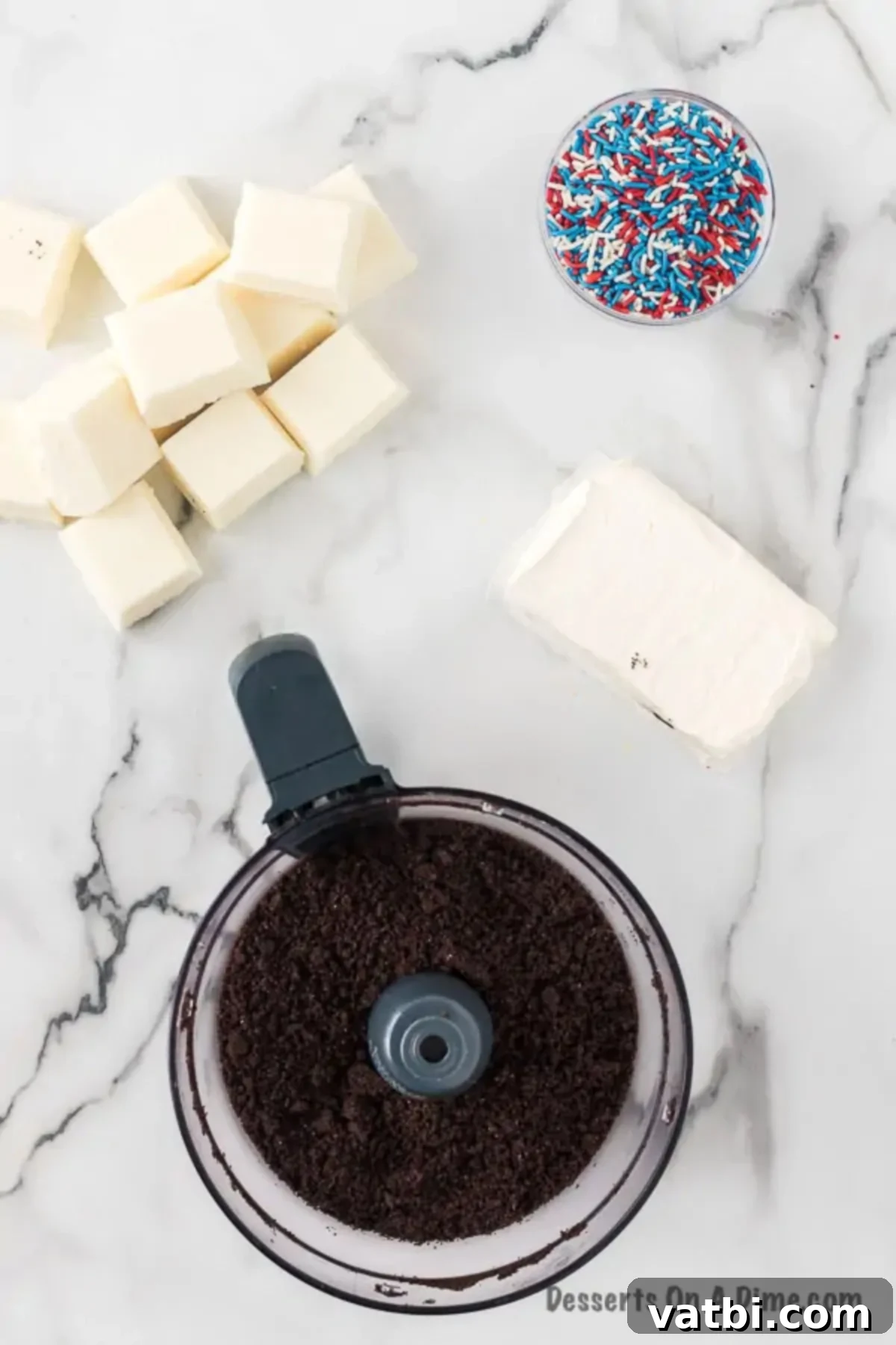 Star-Spangled Oreo Truffles 4 Finely crushed Oreo cookies in a food processor bowl, demonstrating the ideal consistency before mixing.
