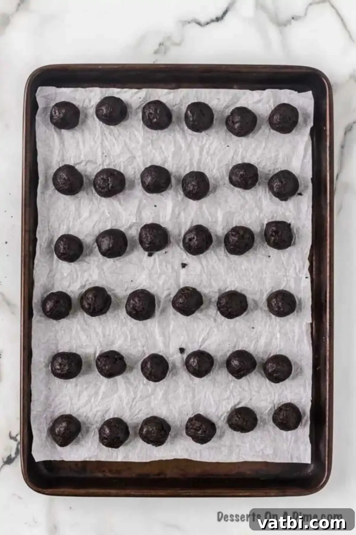 Star-Spangled Oreo Truffles 6 Uniformly formed Oreo Balls chilling on a parchment-lined baking sheet, preparing for the dipping stage.