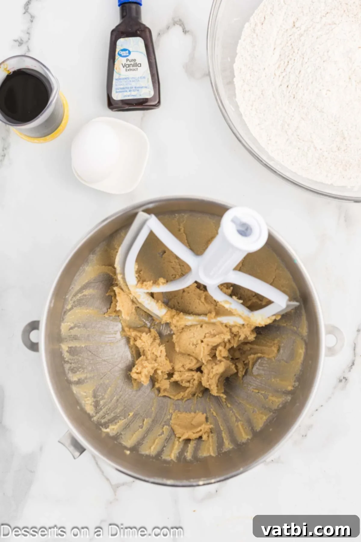 Butter and brown sugar creamed together in mixing bowl. 
