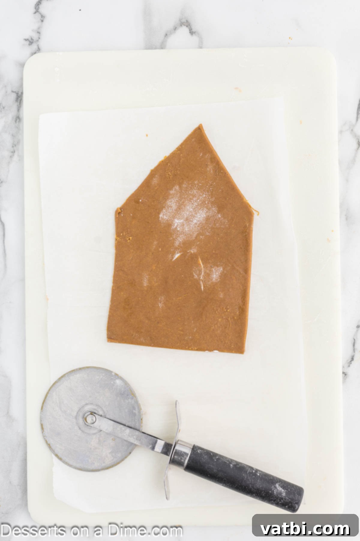 Gingerbread cut into pieces with a pizza cutter. 