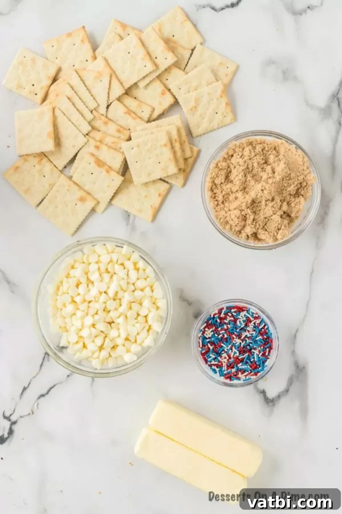 Ingredients to make Patriotic Bark - butter, brown sugar, white chocolate chips, sprinkles.  