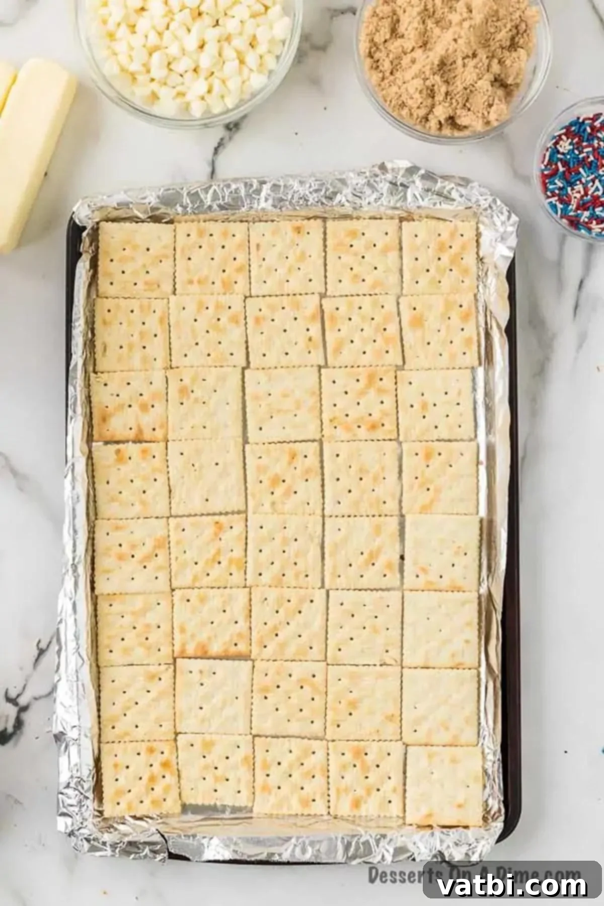 Saltine crackers arranged on a baking sheet lined with foil. 