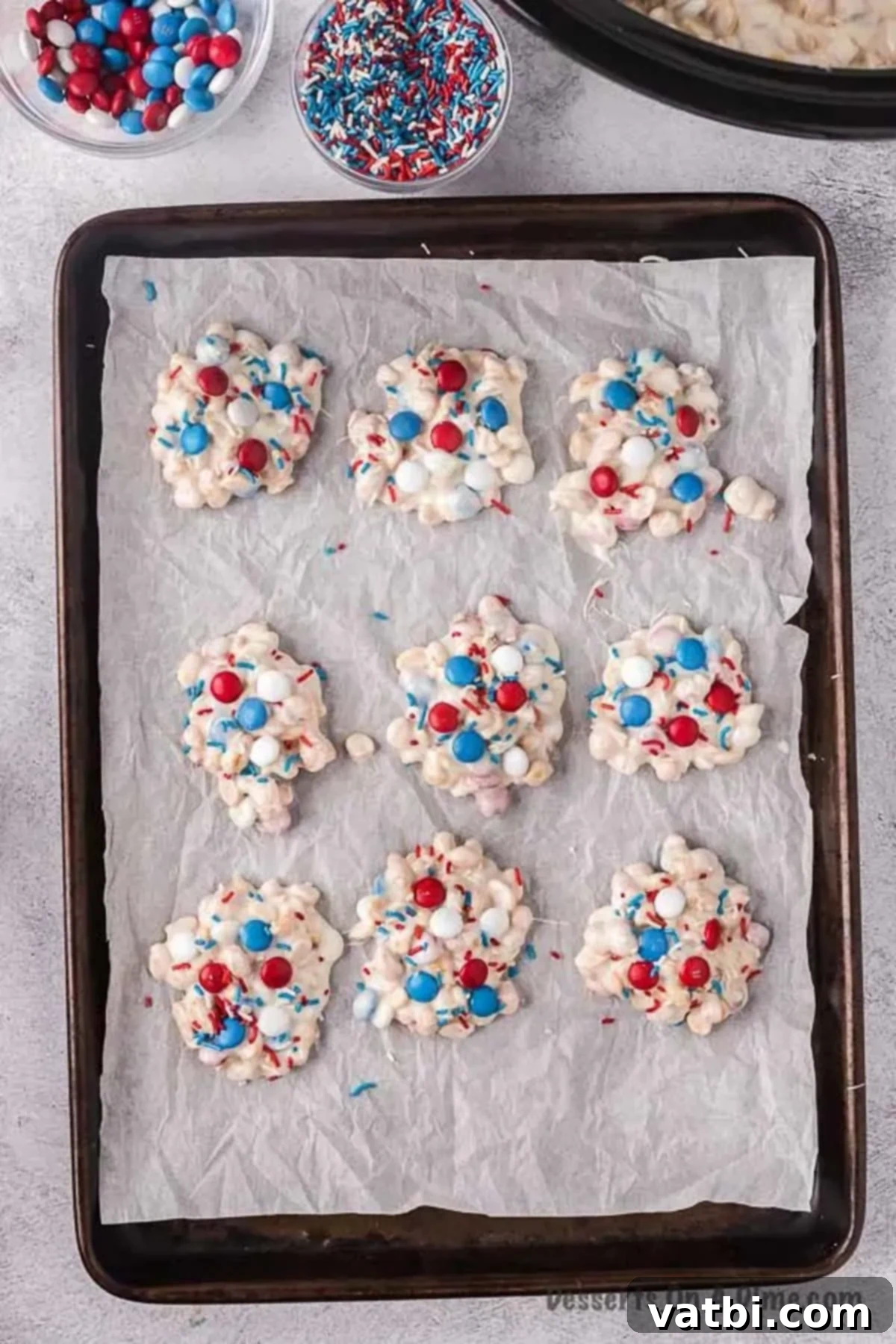 One-Pot Patriotic Peanut Clusters 7 Candy on baking sheet.