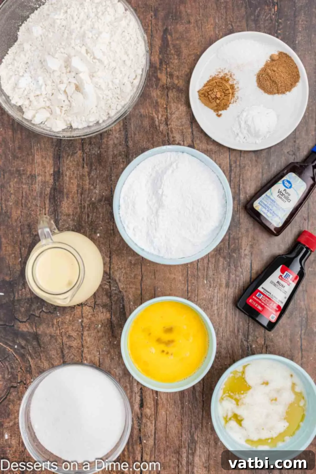 Easy Eggnog Bread 3 Ingredients for Eggnog Bread - flour, cinnamon, nutmeg, eggs, butter, eggnog, rum extract, powdered sugar.