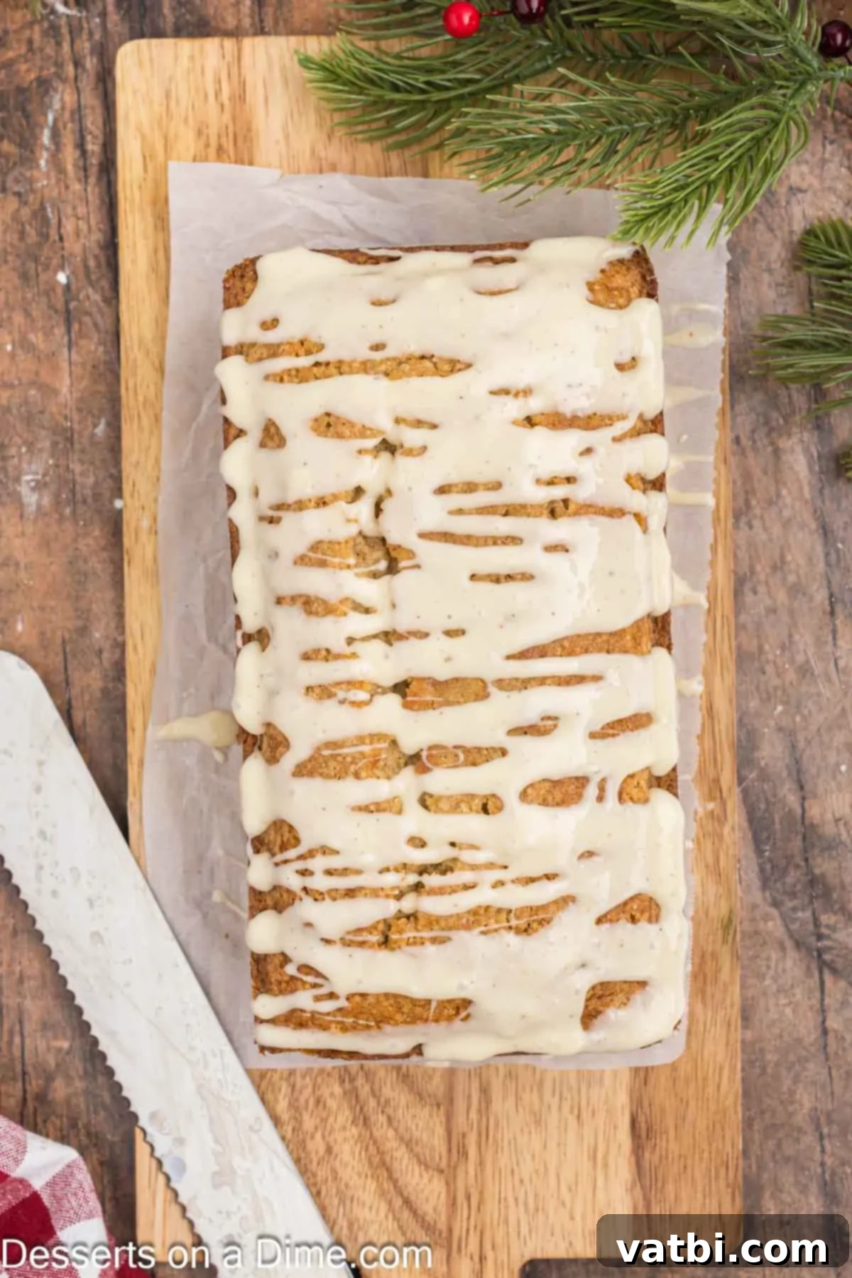 Easy Eggnog Bread 8 Glaze on Eggnog Bread ready to serve.