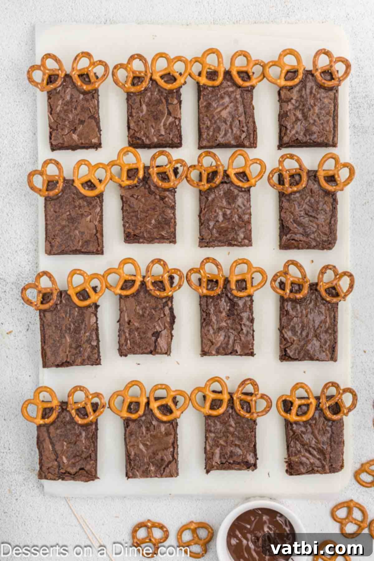 Reindeer Brownies 5 Mini pretzel twists are added to the top of each brownie, forming the reindeer antlers.