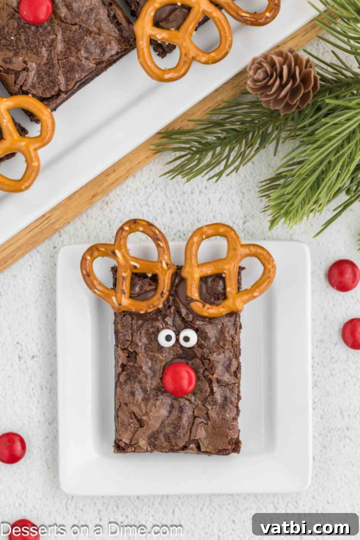Reindeer Brownies 8 Finished Reindeer Brownies neatly arranged on a festive plate, ready to be enjoyed.