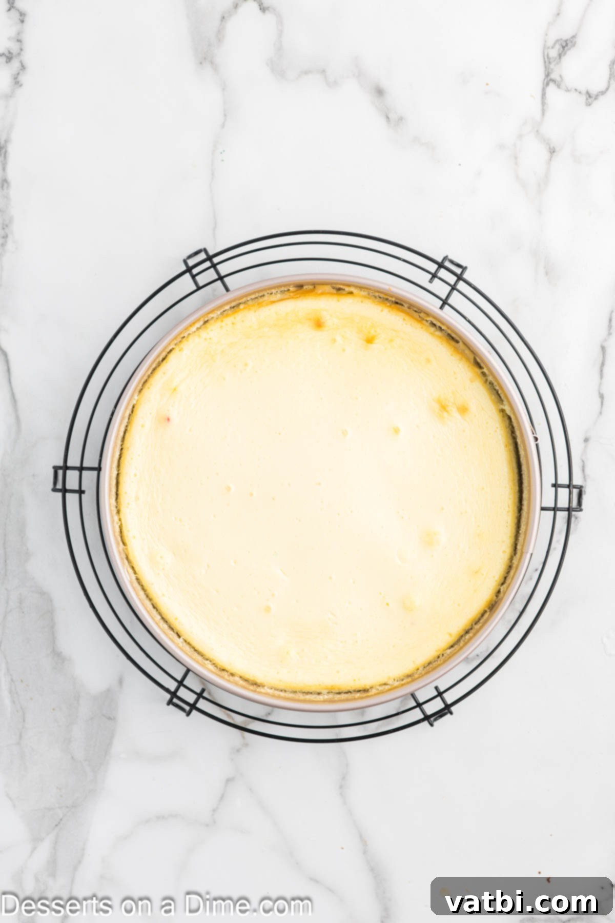 Little Debbie Christmas Tree Cheesecake: A Festive Indulgence 13 Baked cheesecake cooling on a wire rack after being removed from the oven.