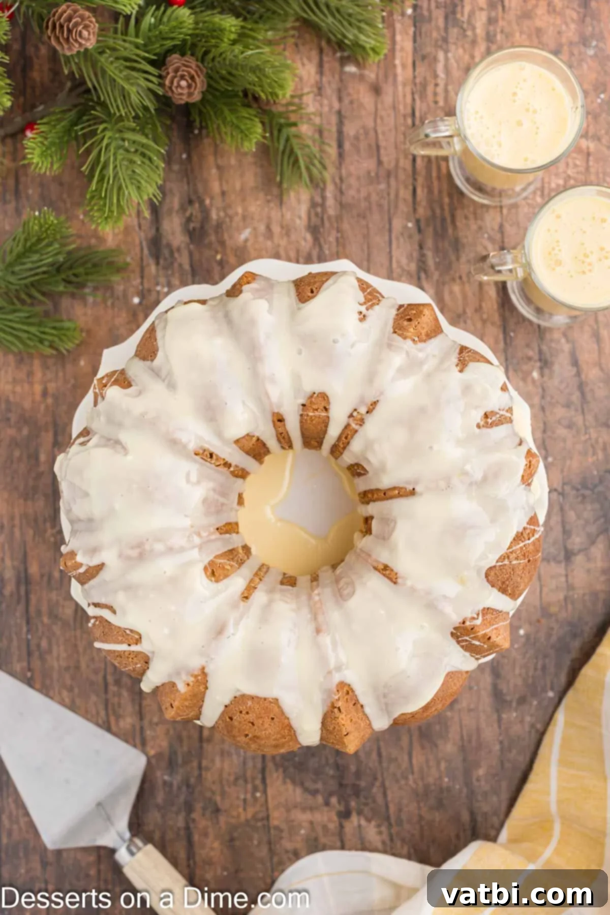 Glaze poured over the Eggnog cake and ready to serve. 